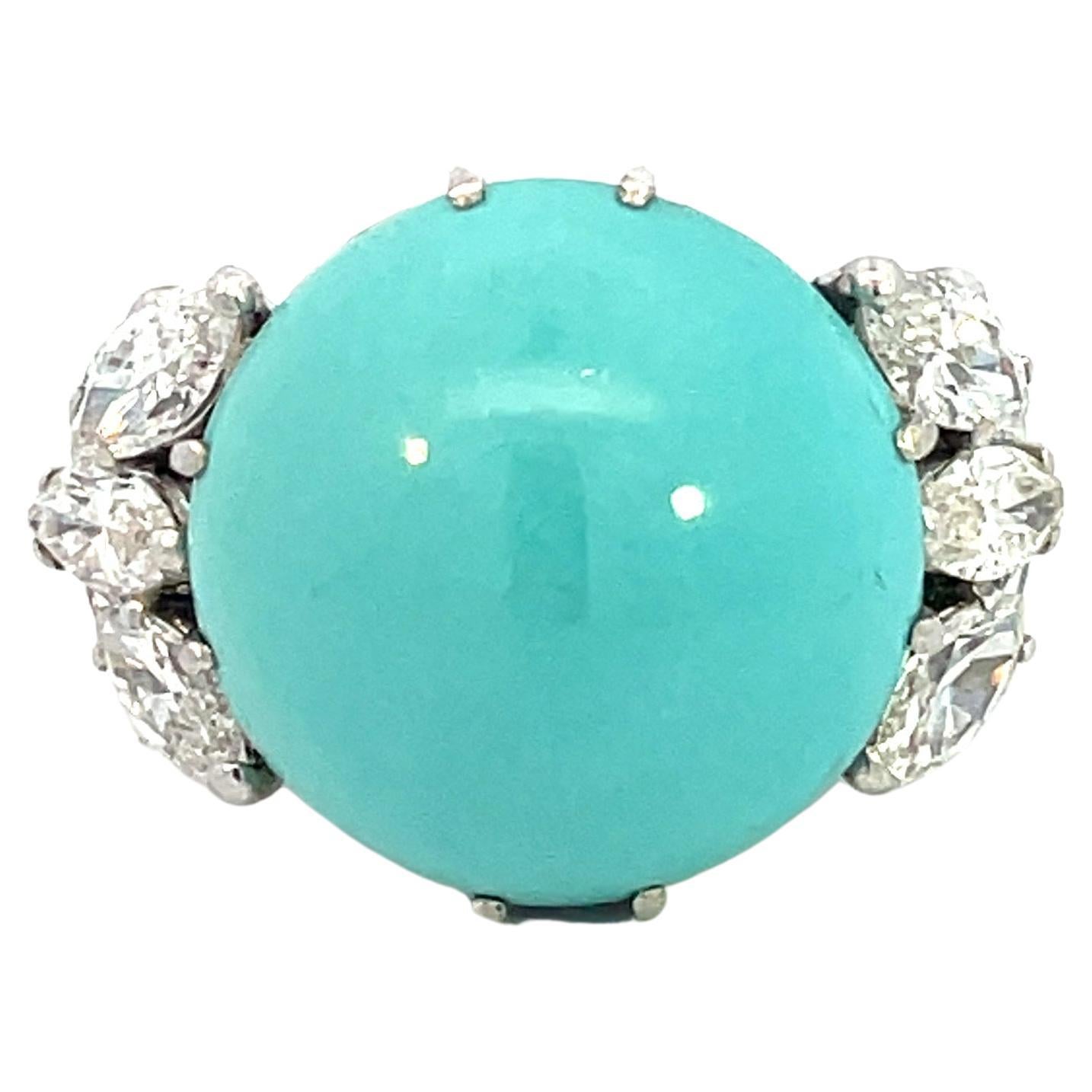 Vintage Natural Turquoise and marquise Diamonds Ring white gold 18kt