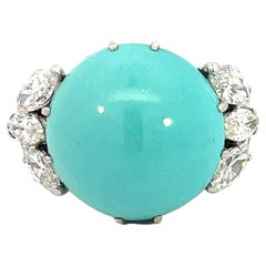Retro Natural Turquoise and marquise Diamonds Ring white gold 18kt