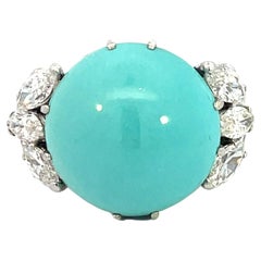 Bague vintage en or blanc 18 carats avec turquoises naturelles et diamants marquises