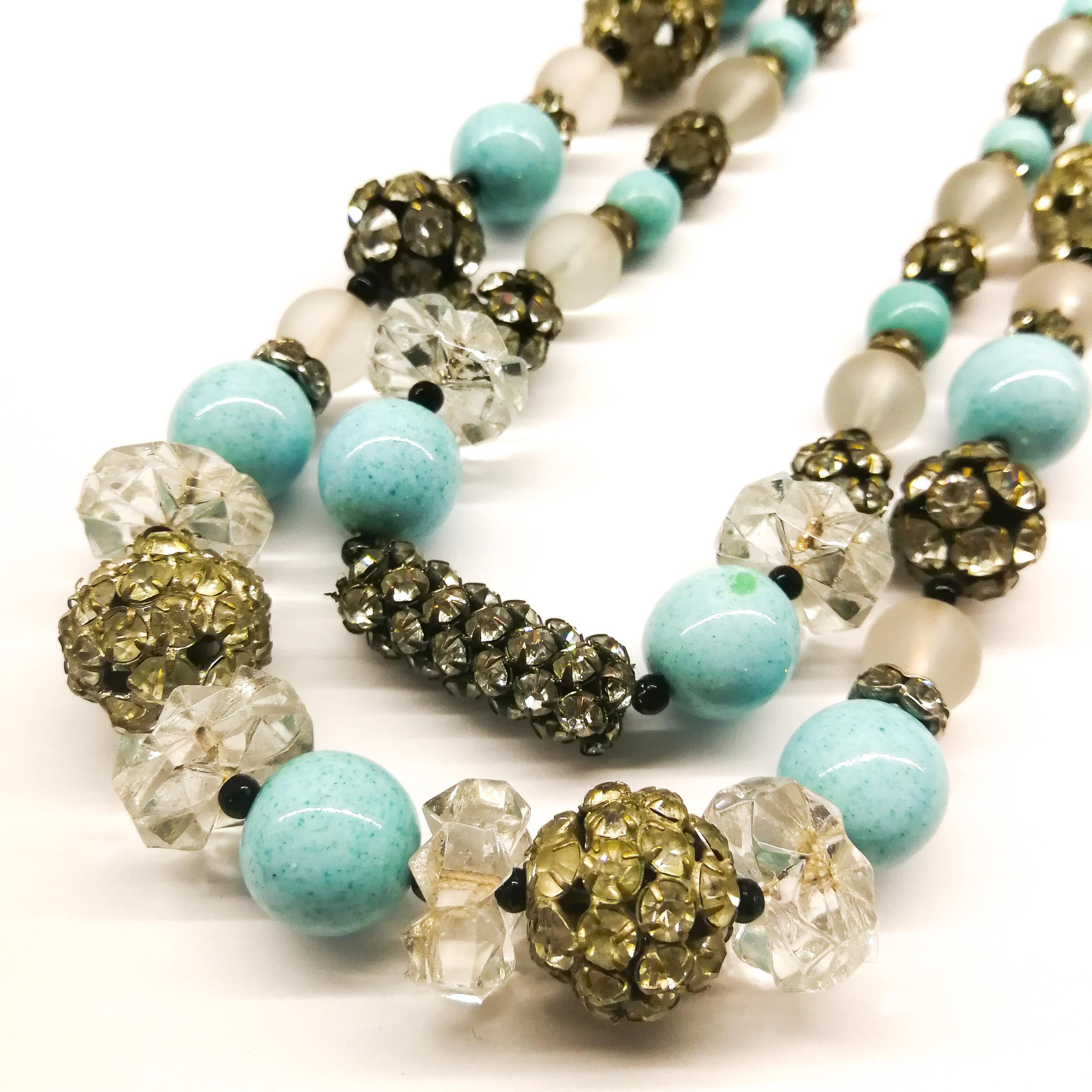 Art Deco A turquoise and frosted bead, clear crystal and paste sautoir necklace, 1920s For Sale