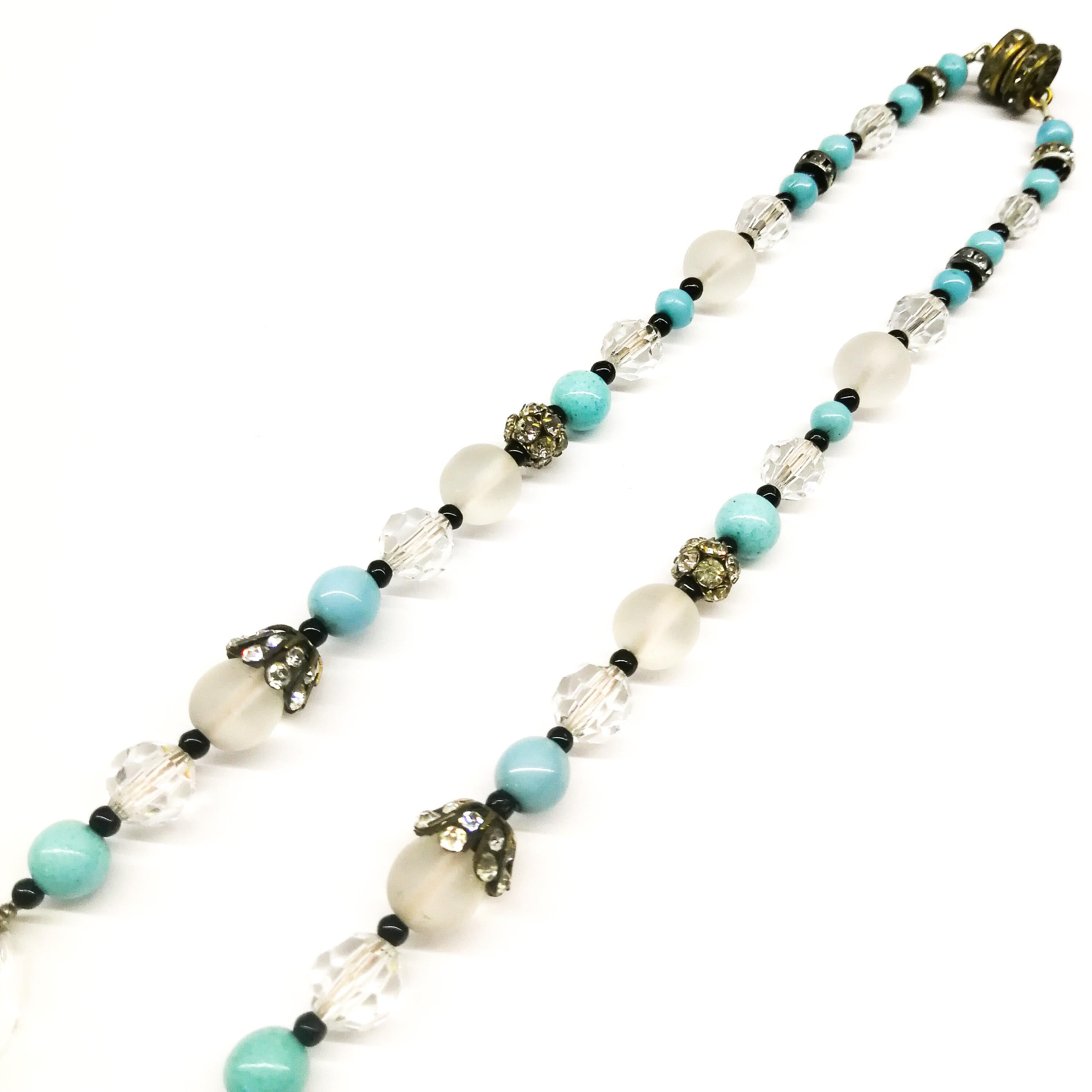 Women's A turquoise and frosted bead, clear crystal and paste sautoir necklace, 1920s For Sale