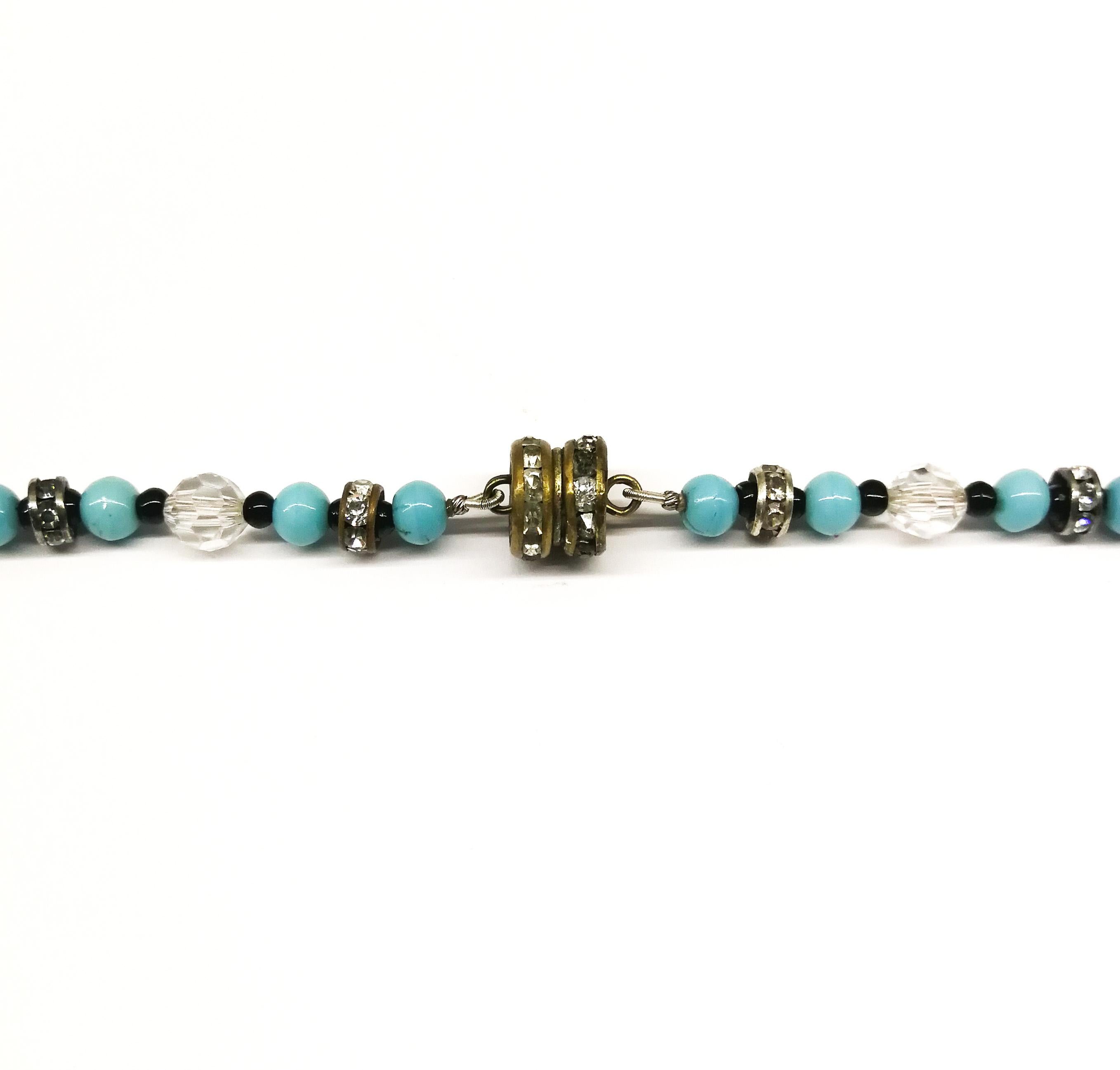 A turquoise and frosted bead, clear crystal and paste sautoir necklace, 1920s For Sale 1