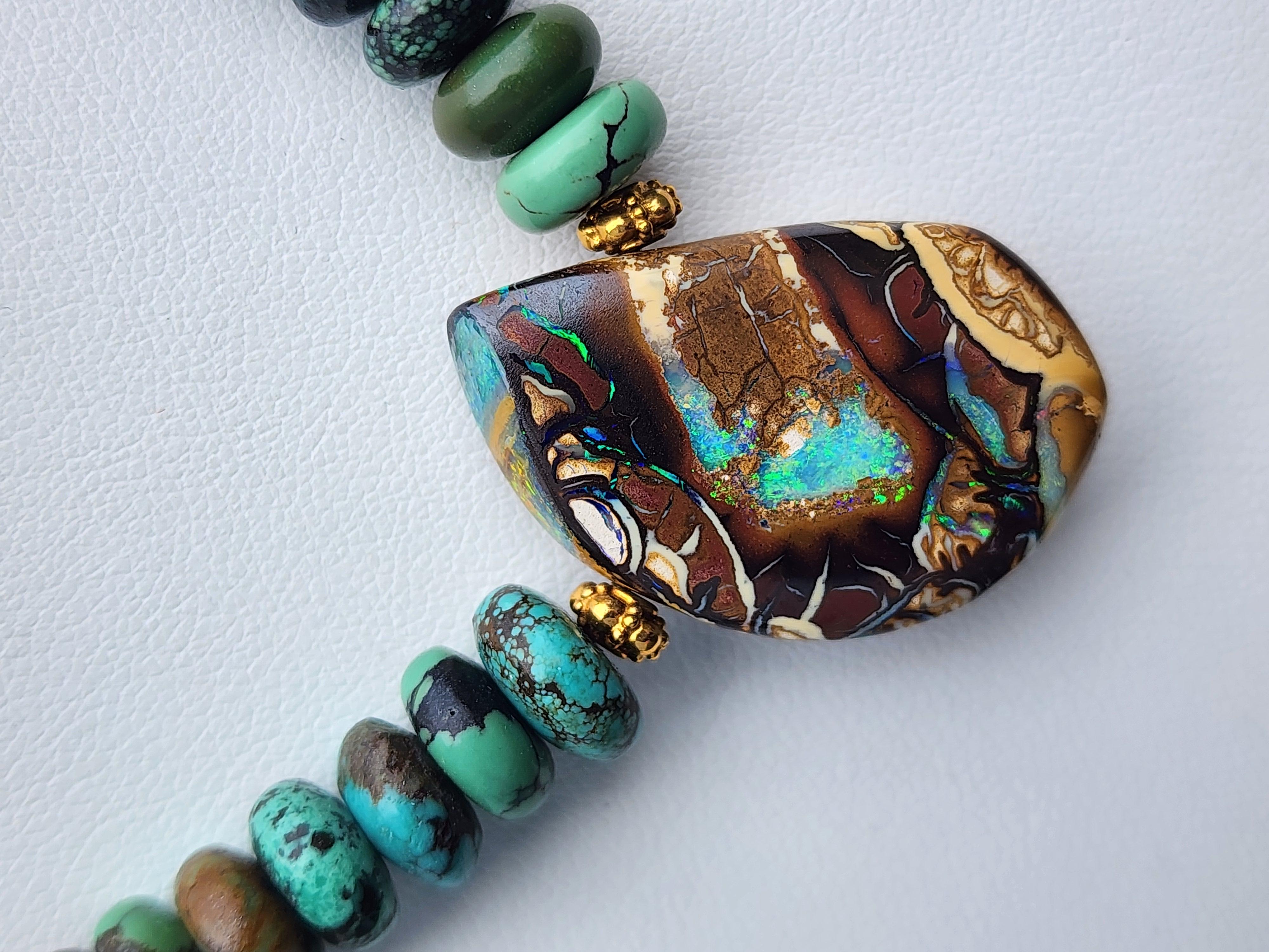 Artist A Turquoise Beaded Necklace with an Australian Boulder Opal Pendant. For Sale