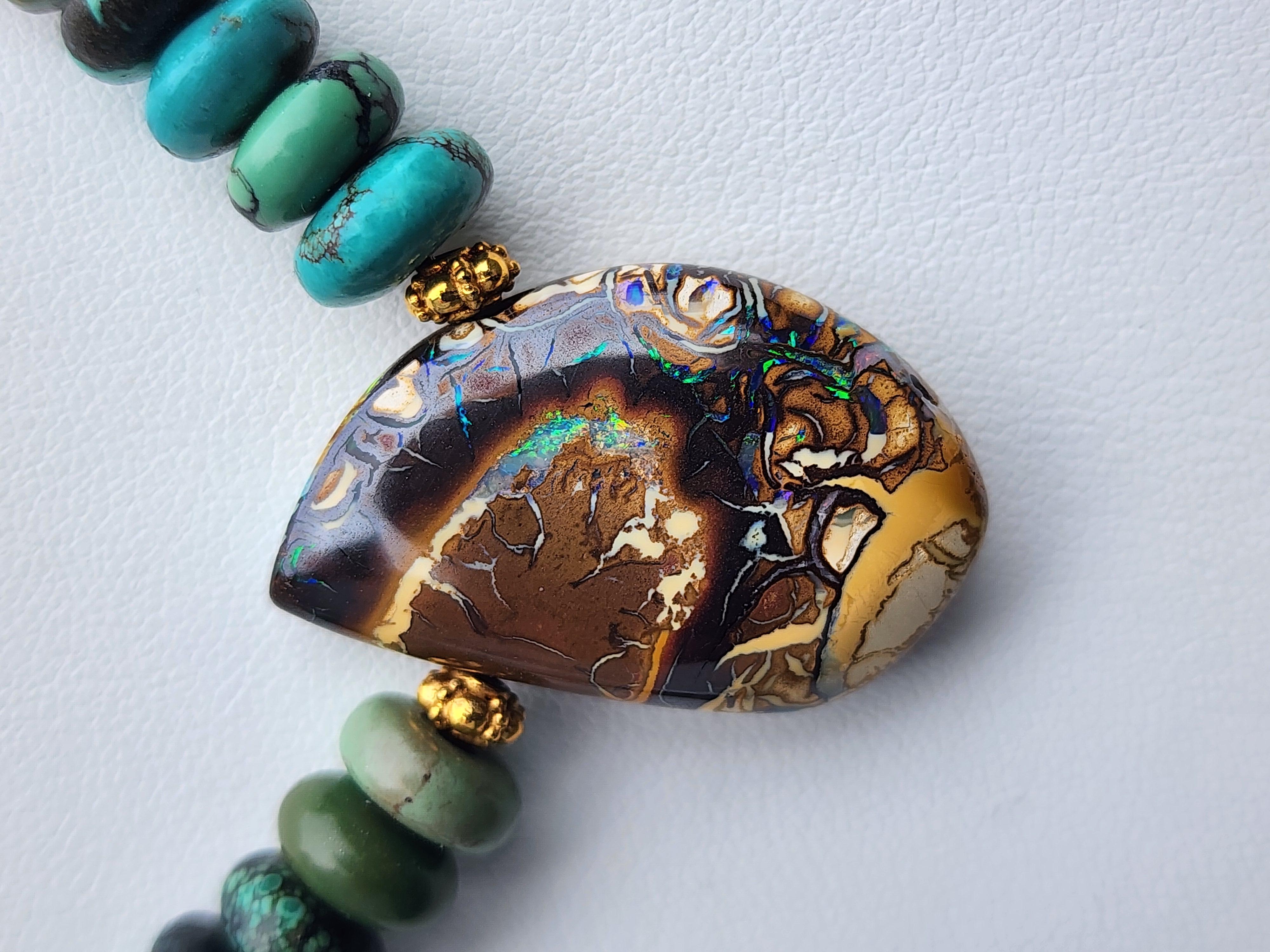 Cabochon A Turquoise Beaded Necklace with an Australian Boulder Opal Pendant. For Sale