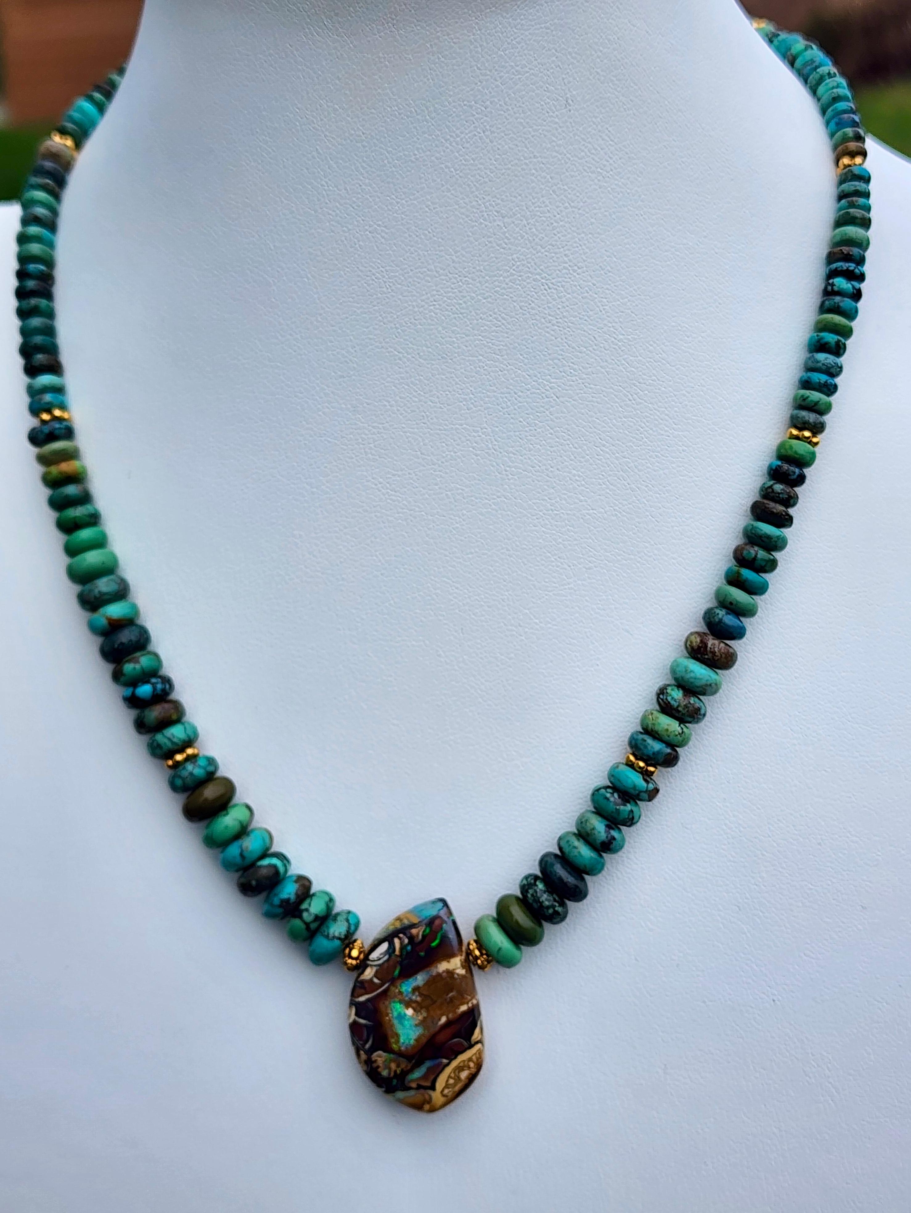A Turquoise Beaded Necklace with an Australian Boulder Opal Pendant. In New Condition For Sale In Seattle, WA