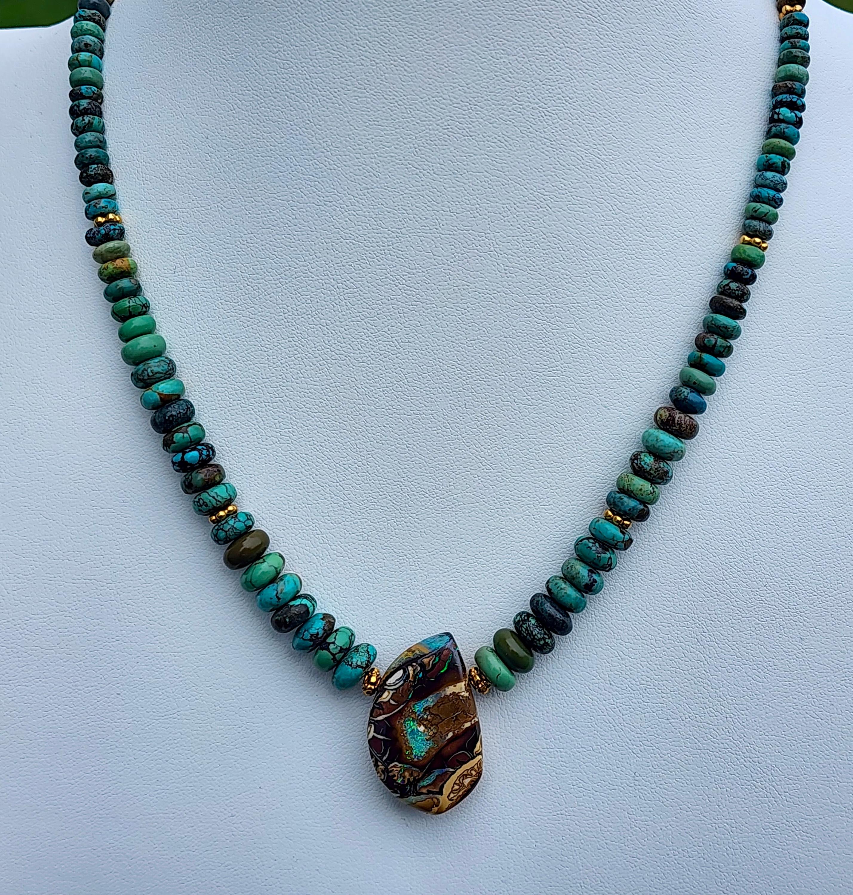 Women's or Men's A Turquoise Beaded Necklace with an Australian Boulder Opal Pendant. For Sale