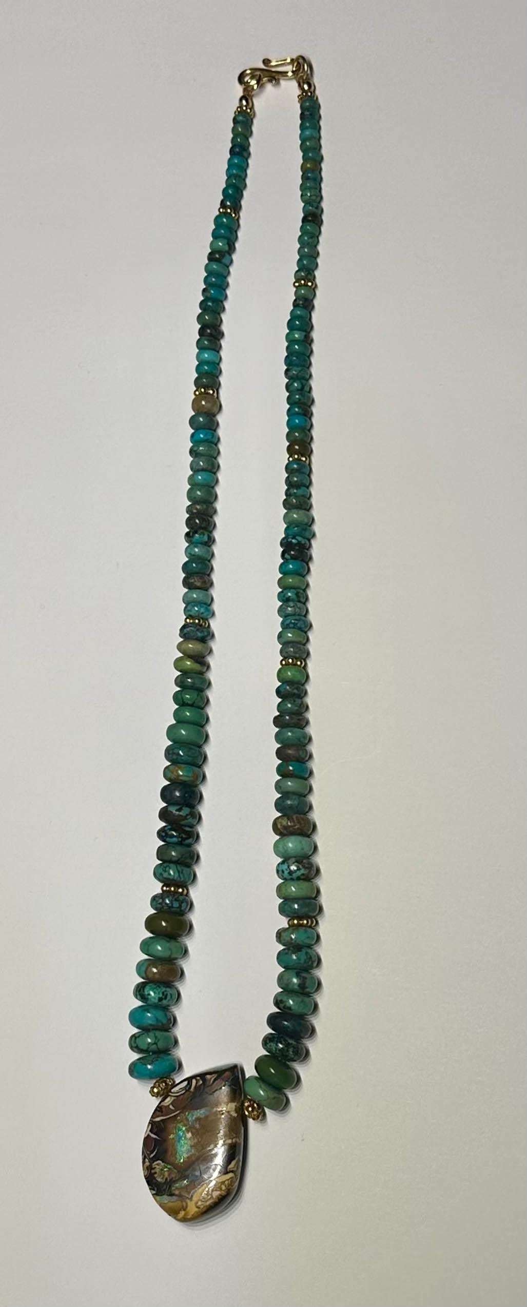 A Turquoise Beaded Necklace with an Australian Boulder Opal Pendant. For Sale 1