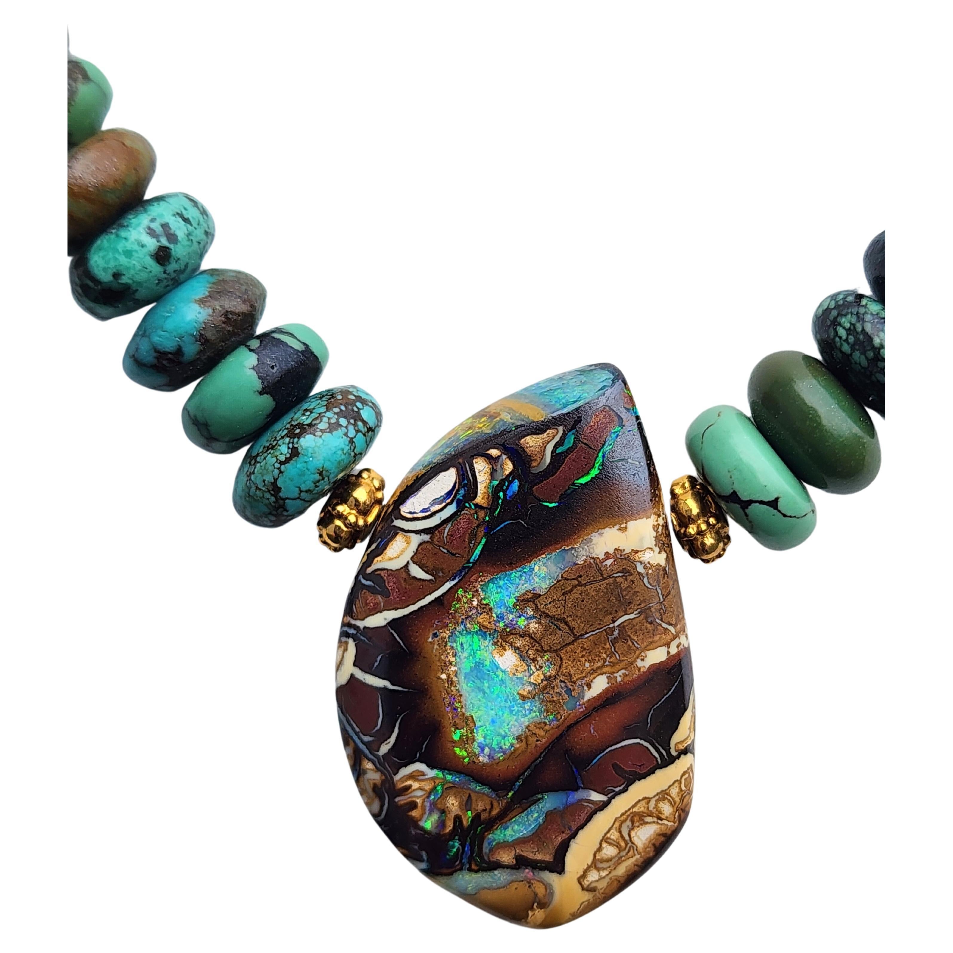 A Turquoise Beaded Necklace with an Australian Boulder Opal Pendant. For Sale