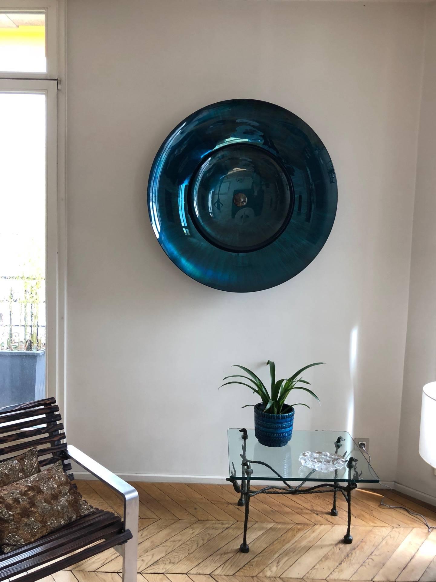 French Turquoise Blue Concave Double Mirror by Christophe Gaignon