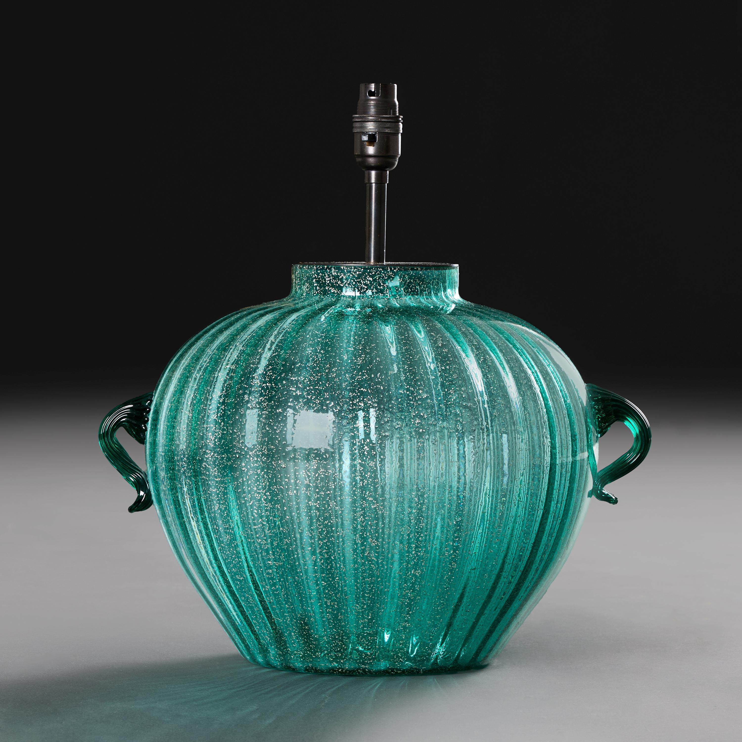 Italian A Turquoise Murano Glass Silver Fleck Glass Vase as a Lamp For Sale