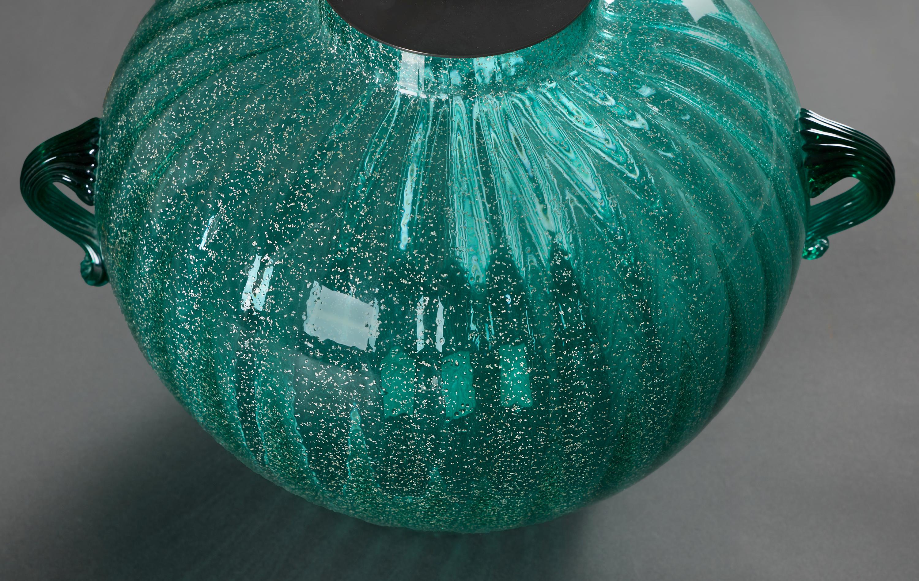 A Turquoise Murano Glass Silver Fleck Glass Vase as a Lamp In Good Condition For Sale In London, GB