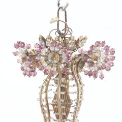 Lampadario a dodici bracci in ottone e vetro con perline di ametista del 1950 circa.