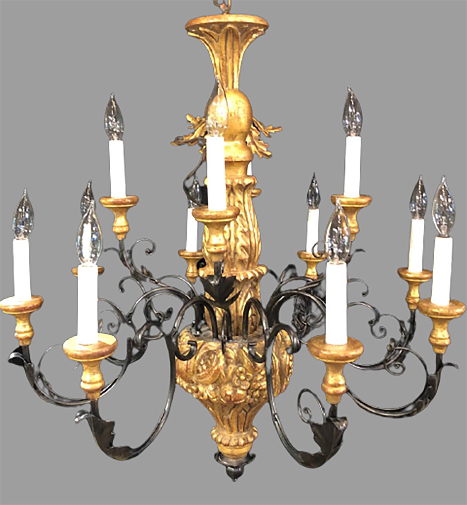 A twelve light Italian parcel-gilt decorated chandelier with canopy. A simply stunning painted metal in an ebony finish supporting a gilt distressed wood column carved center support with gilt carved and distressed bobeches. Recently re-wired.


 