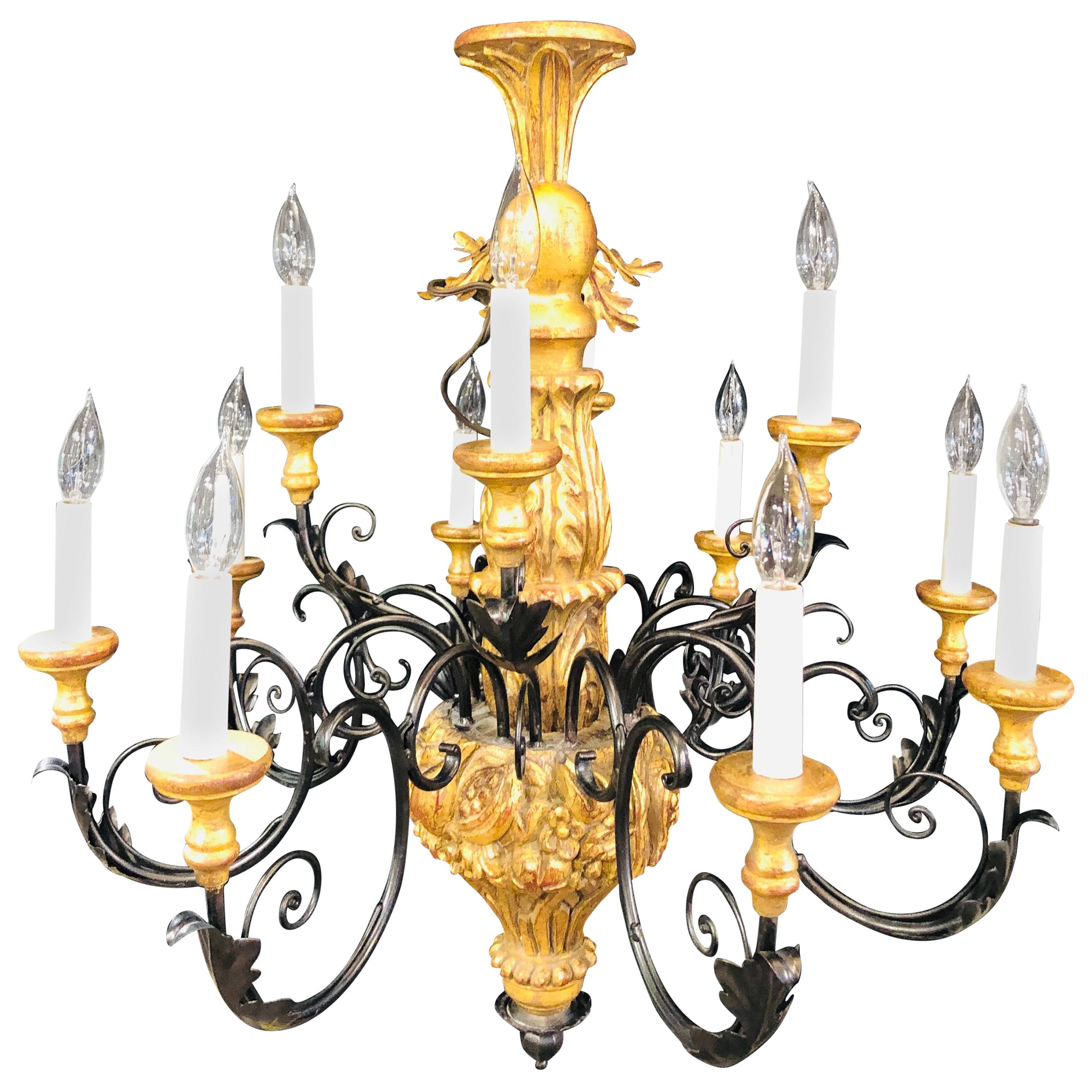 Twelve Light Italian Parcel-Gilt Decorated Chandelier with Canopy For Sale