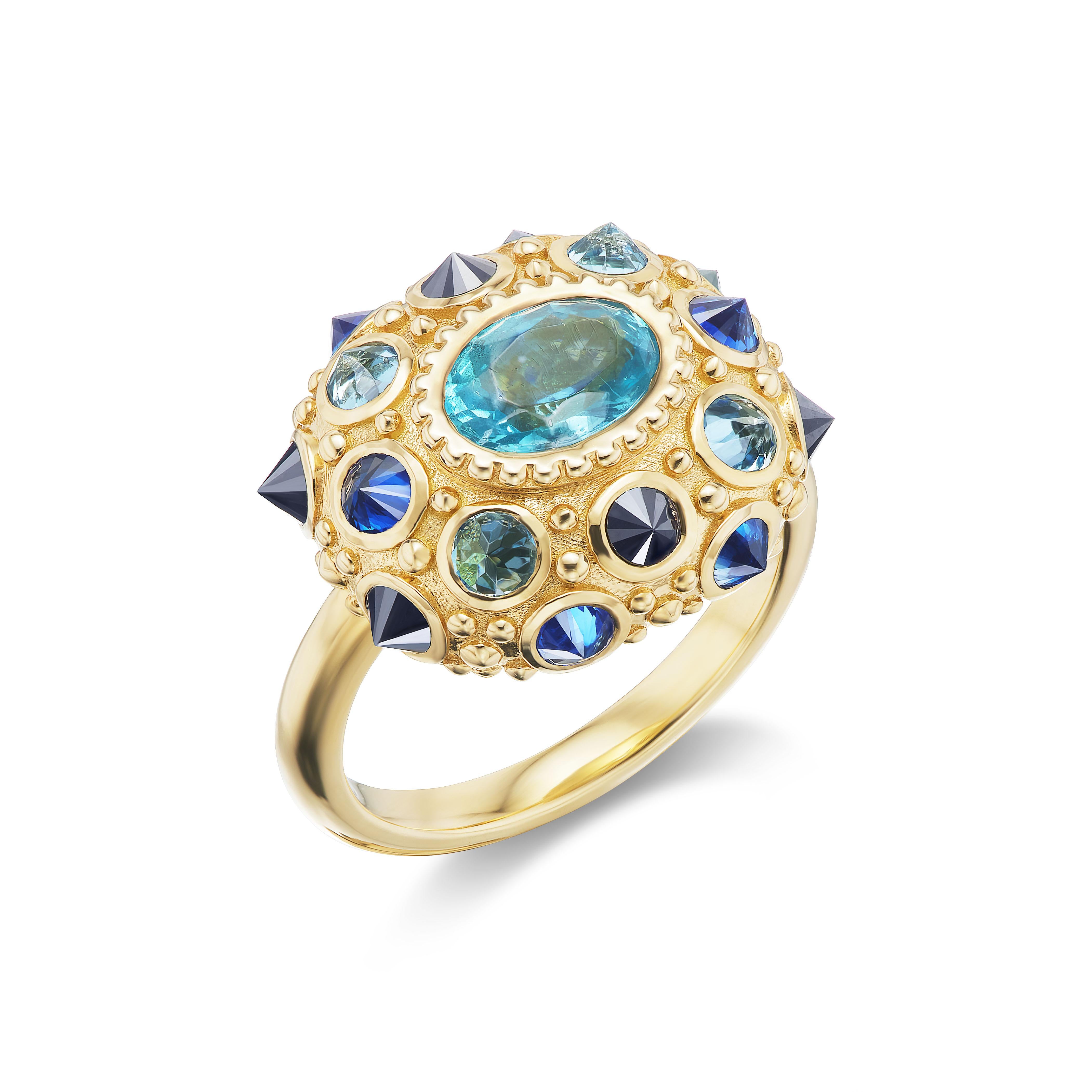 18k Yellow Gold,  1.18ct Apatite, .44ct  Aqua, .73ct Blue Sapphire, and .75ct Black Diamond 

Design Inspiration

The Funny Valentine rings all gems have meanings passed down for centuries. A 'Twinkle in the Twilight' ring invokes the power of