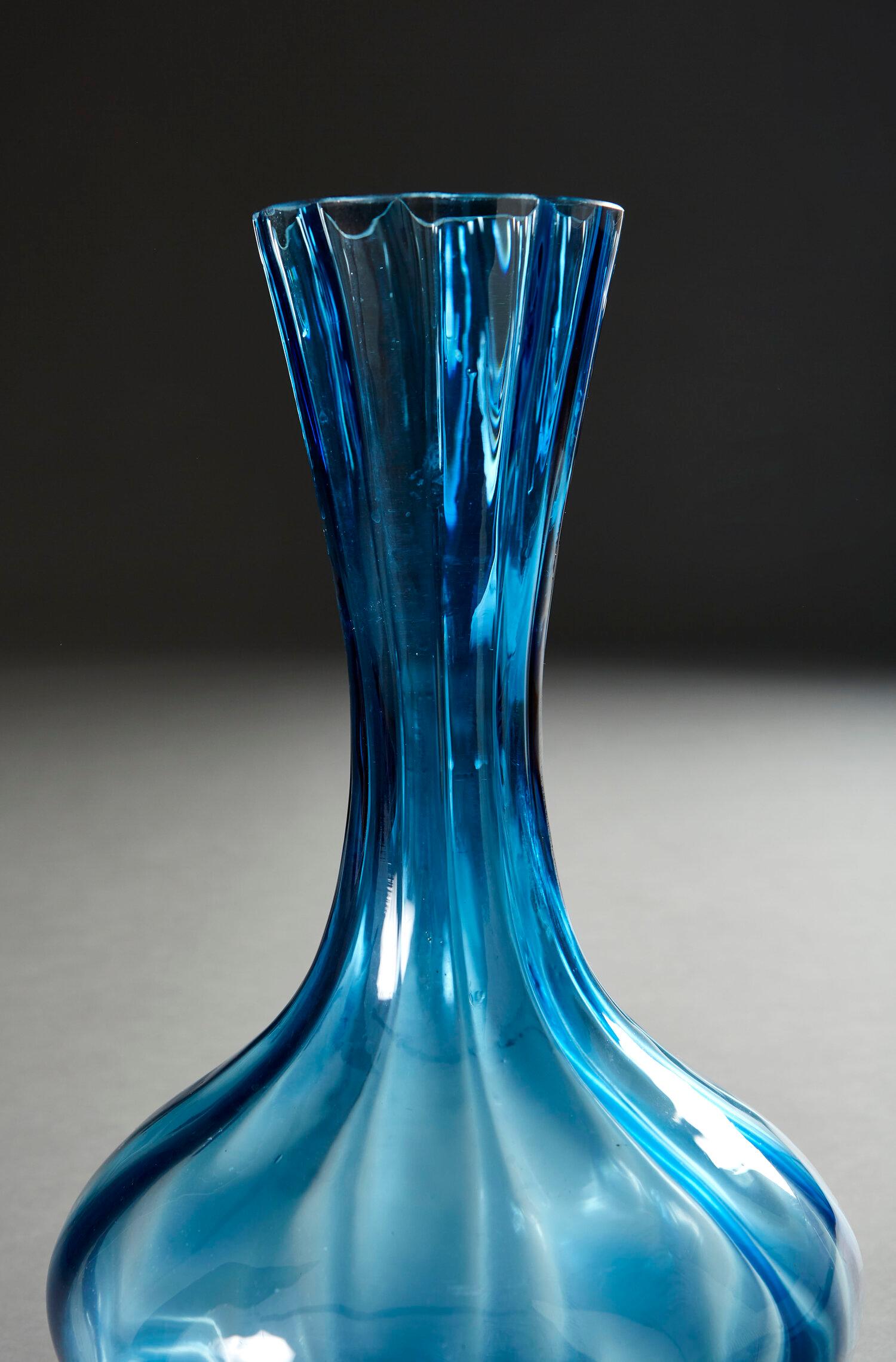 French Twisted Blue Glass Vase as a Table Lamp