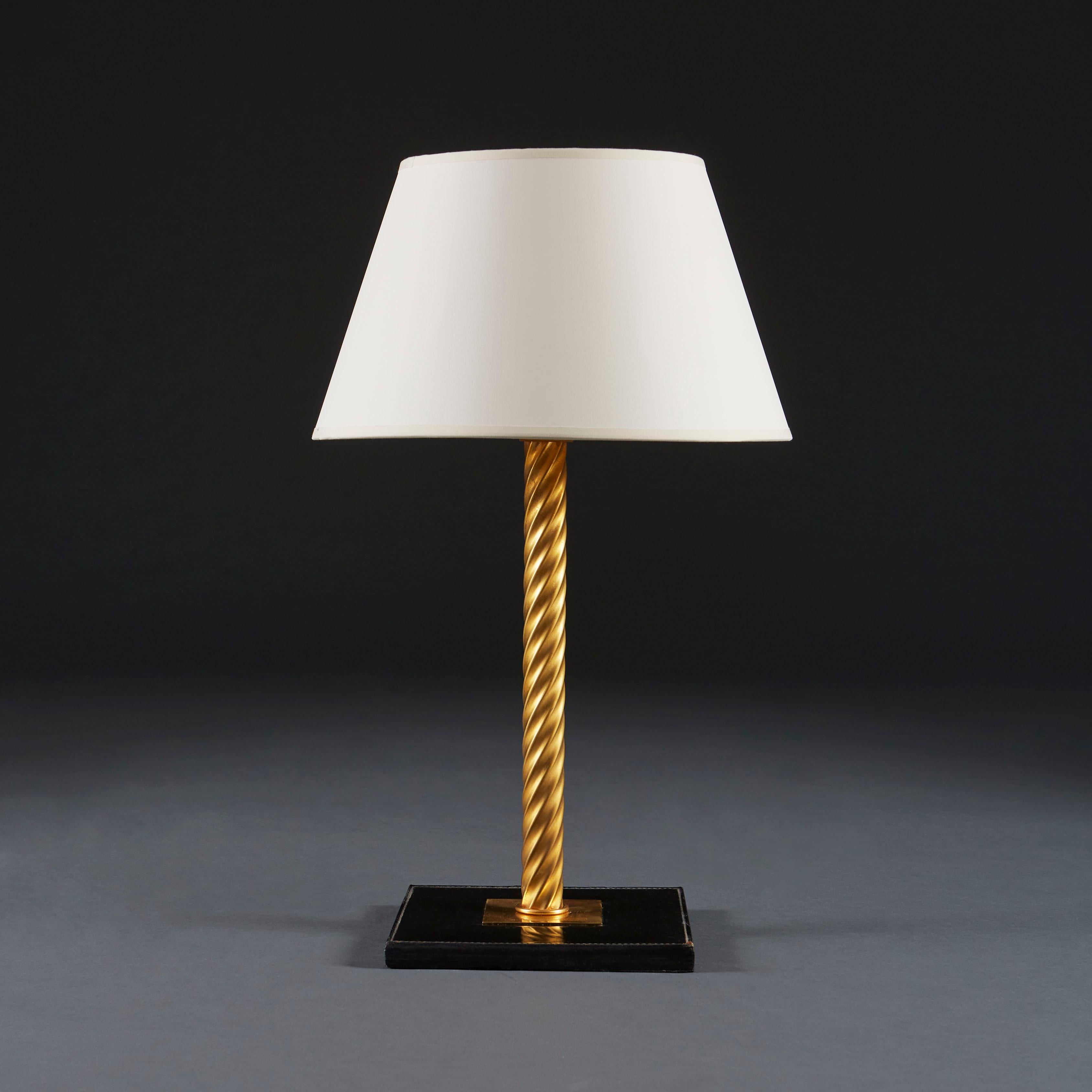 Twisted Brass and Black Leather Table Lamp after Jacques Adnet In Good Condition For Sale In London, GB