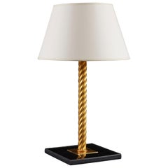 Twisted Brass and Black Leather Table Lamp after Jacques Adnet