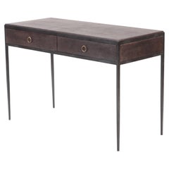 Two Drawer Iron Desk with Dark Brown Leather Top, Contemporary