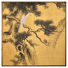 A Two-Panel Folding Screen Depicting a Majestic White Eagle