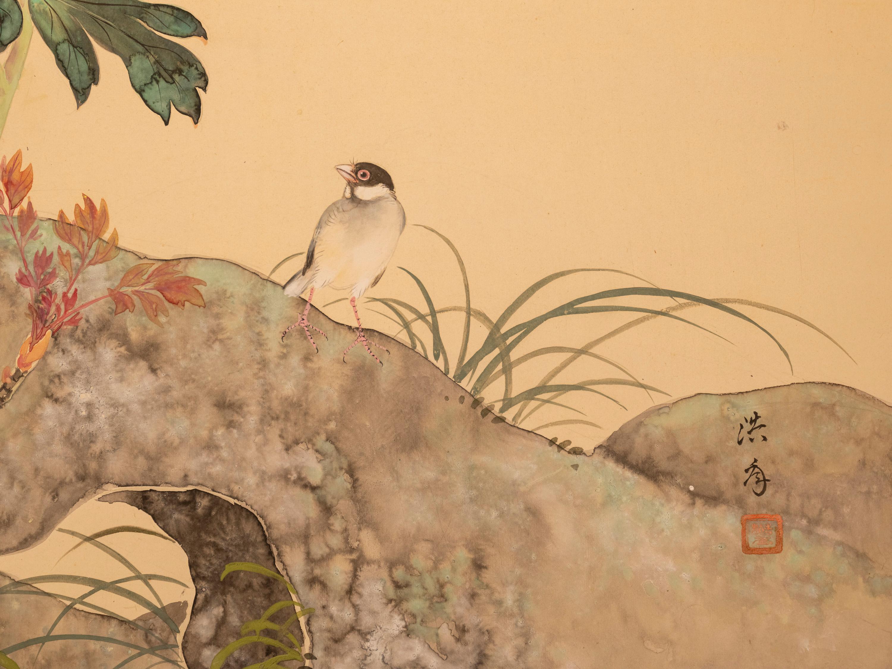 Uno schermo pieghevole a due pannelli con una scena naturalistica In condizioni ottime in vendita a Milano, IT