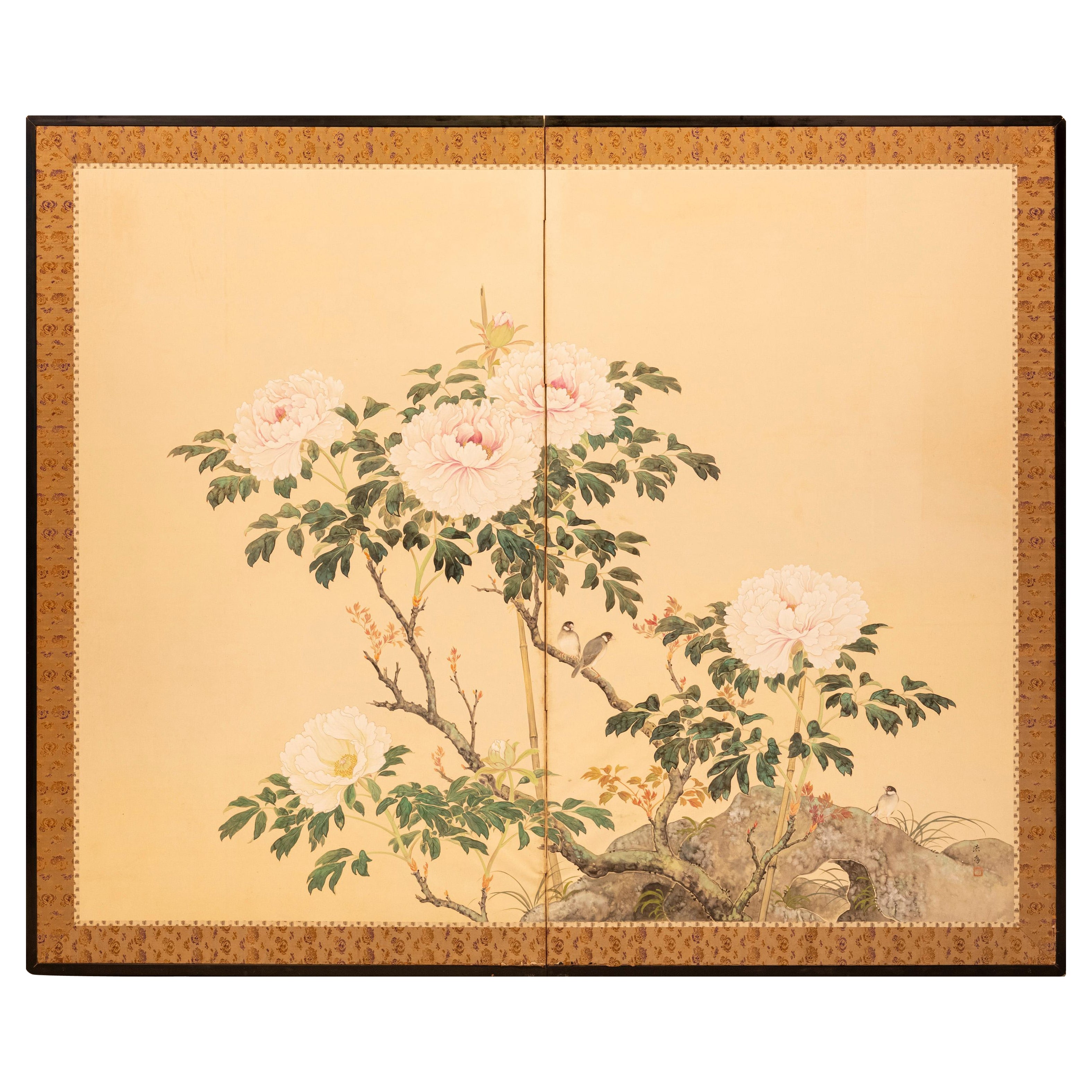 Paravent à deux panneaux avec scène naturaliste