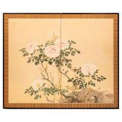 A two-panel folding screen with a naturalistic scene