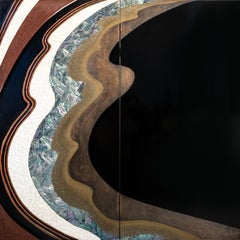 A two-panel Hohoe folding screen depicting a large wave, signed Gyokuho saku