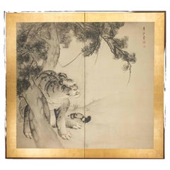 Antique A Two-panel Screen Depicting A Tiger Under A Matsu