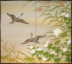 A Two-panel Screen Painted On Paper Depicting A Naturalistic Scene
