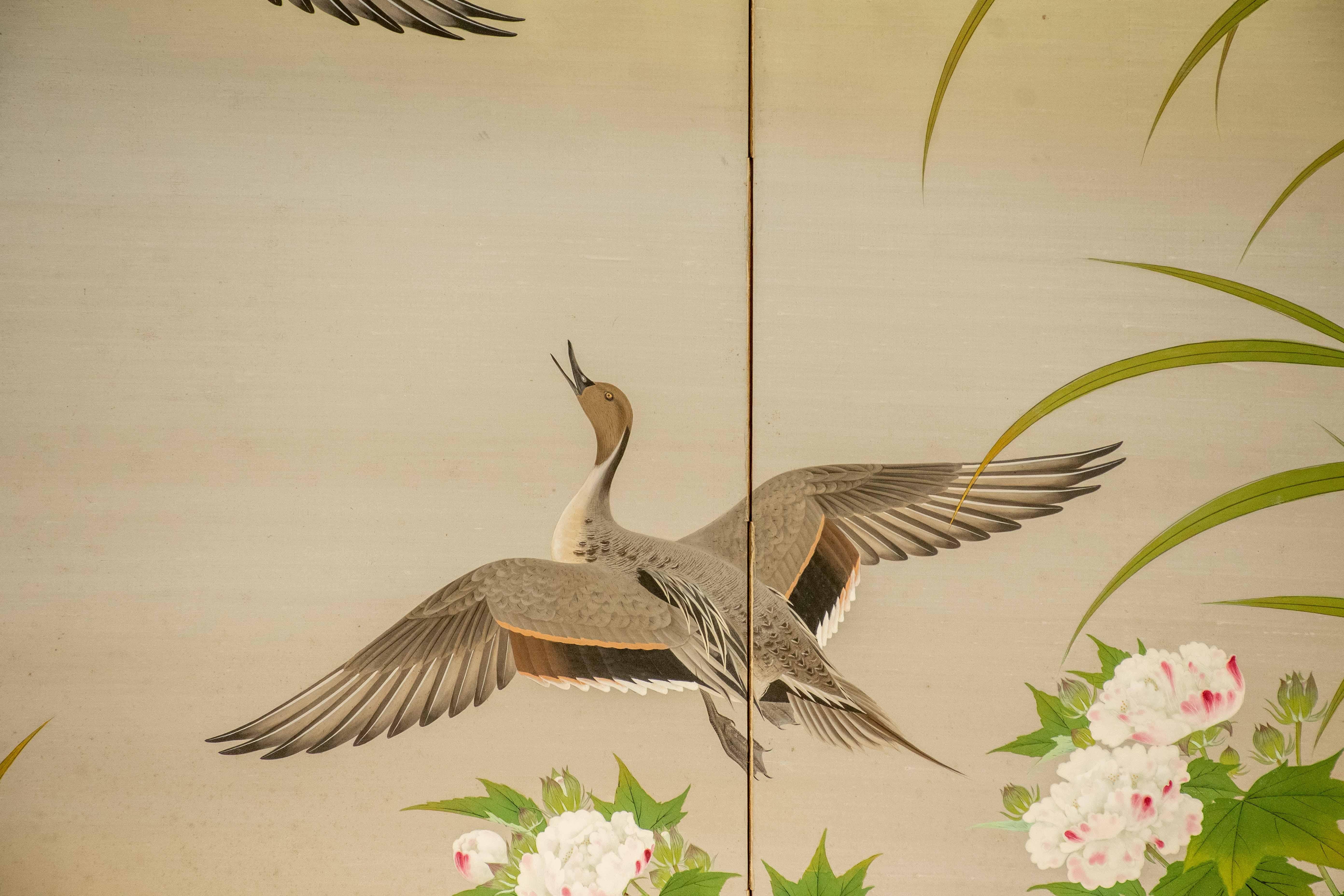 Biombo de dos paneles pintado sobre papel que representa una escena naturalista en Excelente estado para la venta en Milano, IT