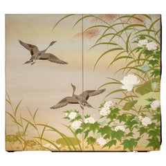 A Two-panel Screen Painted On Paper Depicting A Naturalistic Scene