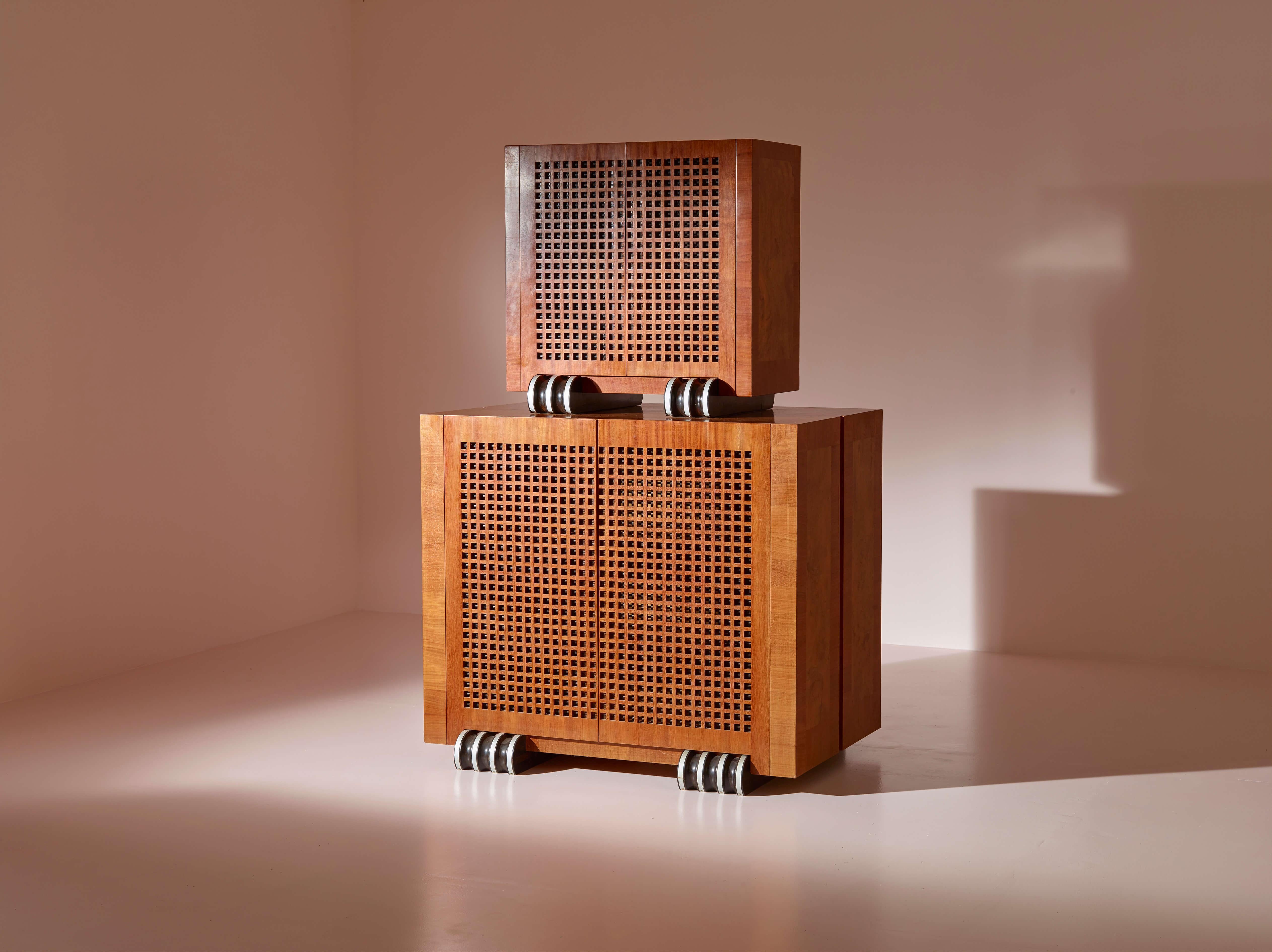 A two-part cabinet in rare exotic woods with solid ebony inlays, Italy, 1990s For Sale 3