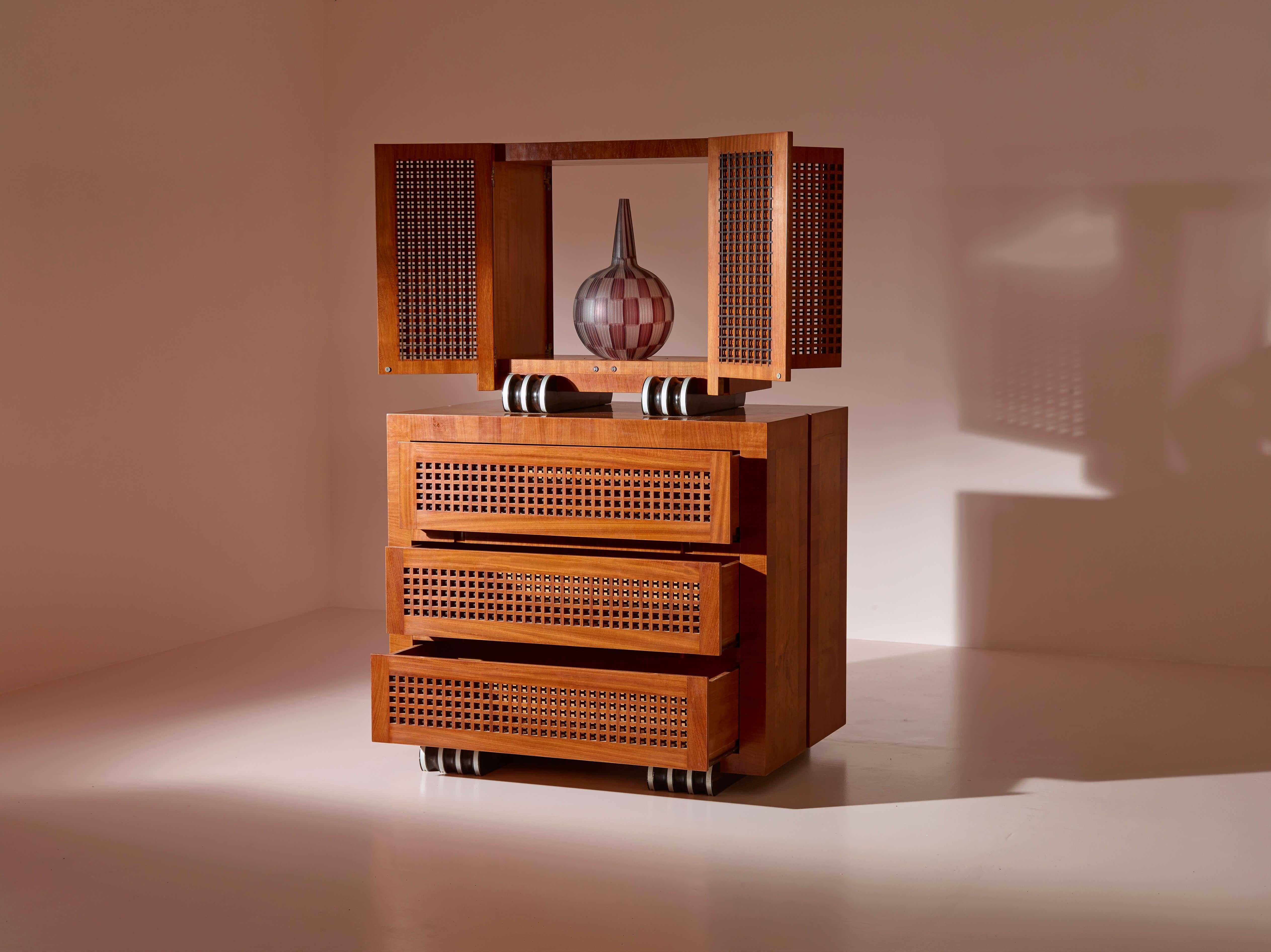 A two-part cabinet in rare exotic woods with solid ebony inlays, Italy, 1990s For Sale 4
