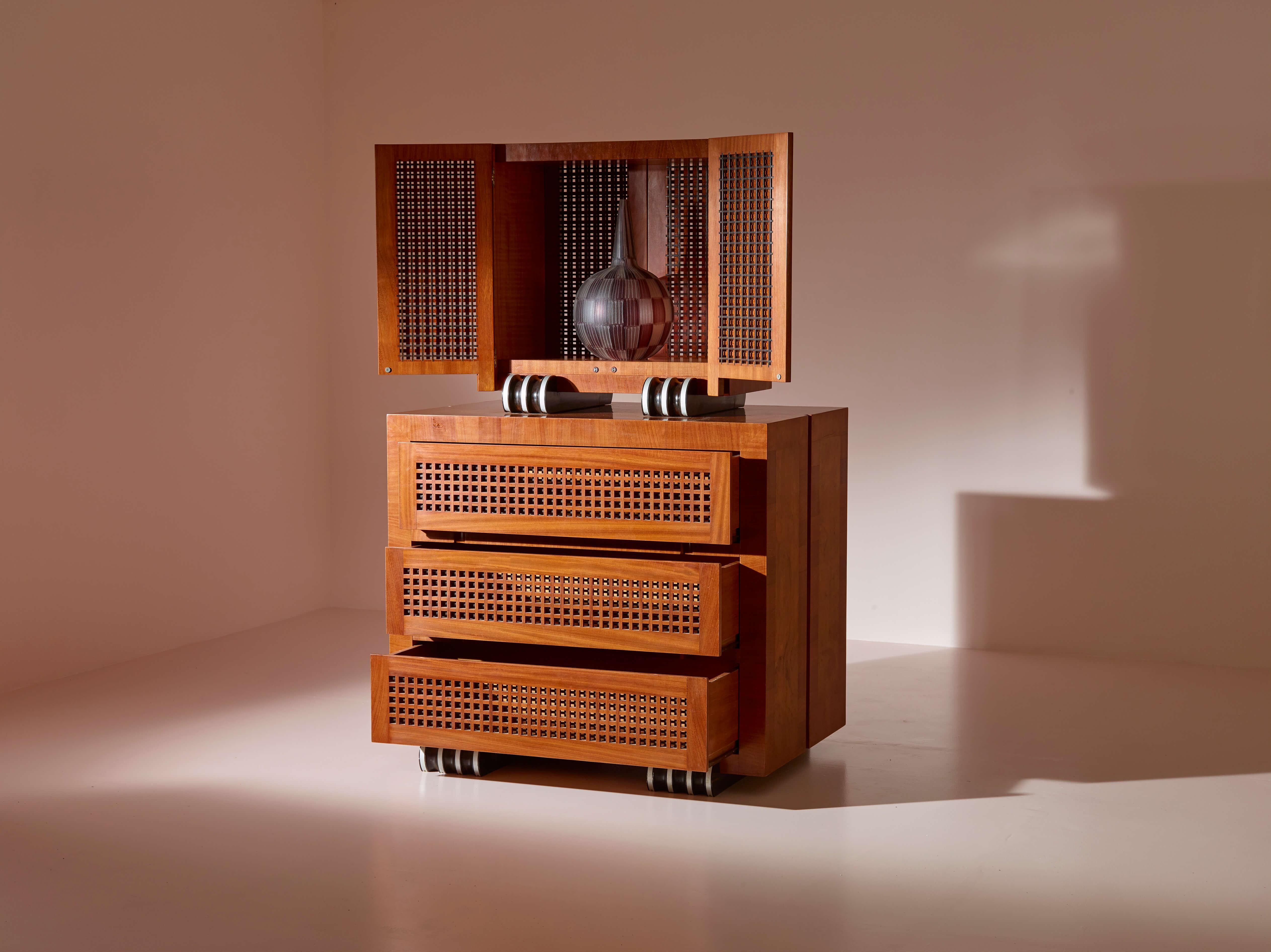 A two-part cabinet in rare exotic woods with solid ebony inlays, Italy, 1990s For Sale 5