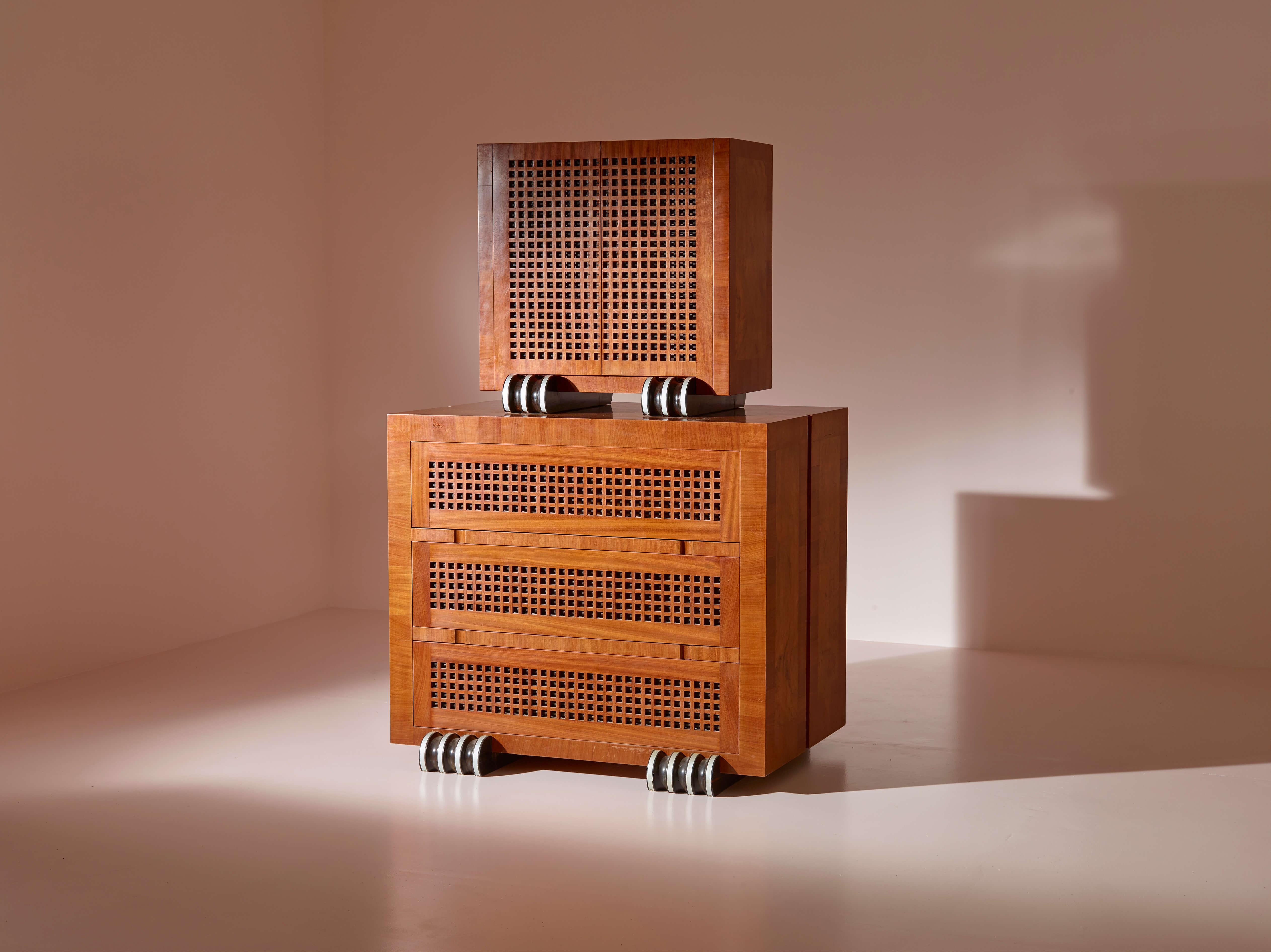 A two-part cabinet in rare exotic woods with solid ebony inlays, Italy, 1990s For Sale 6