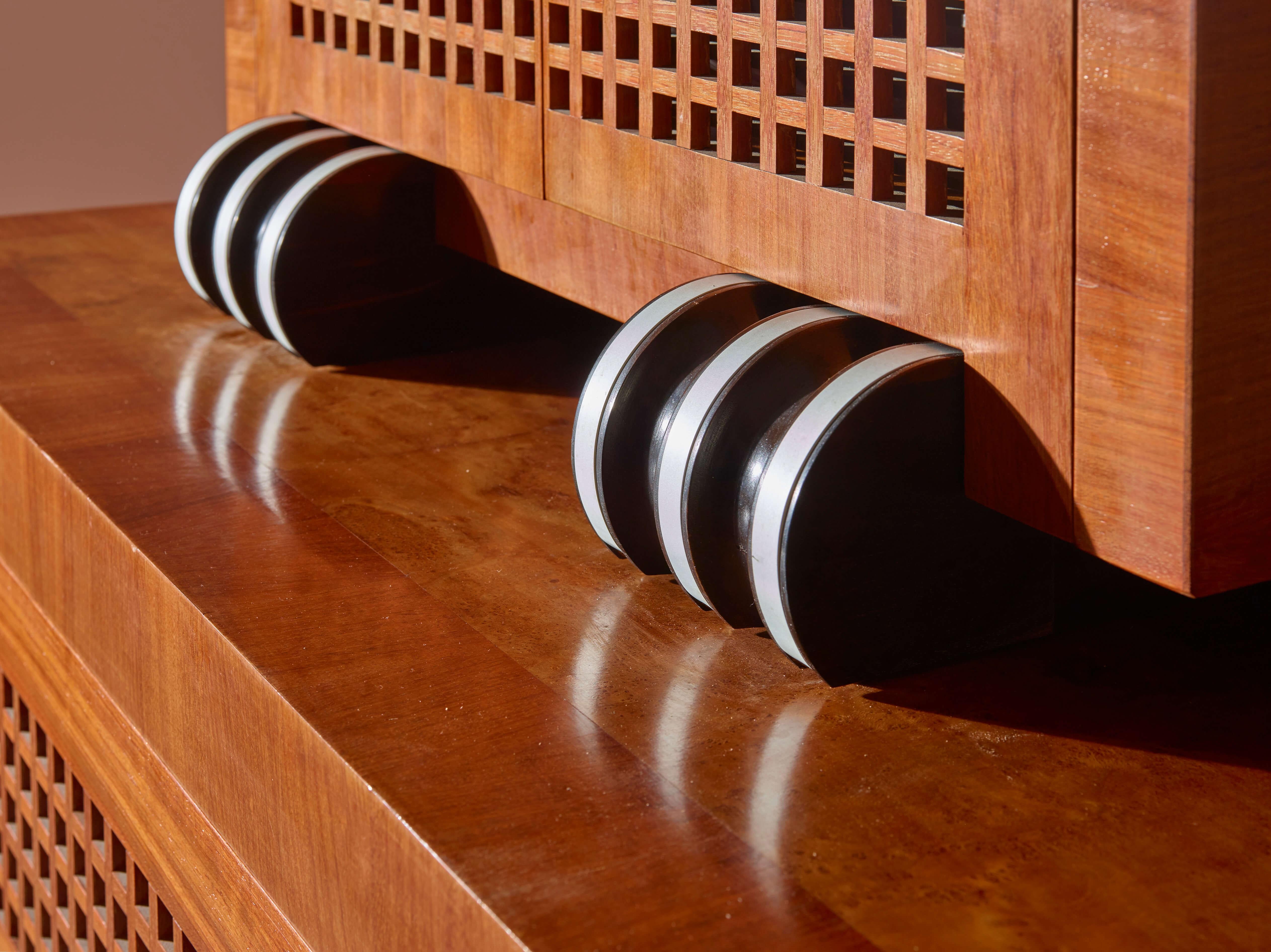 A two-part cabinet in rare exotic woods with solid ebony inlays, Italy, 1990s For Sale 7