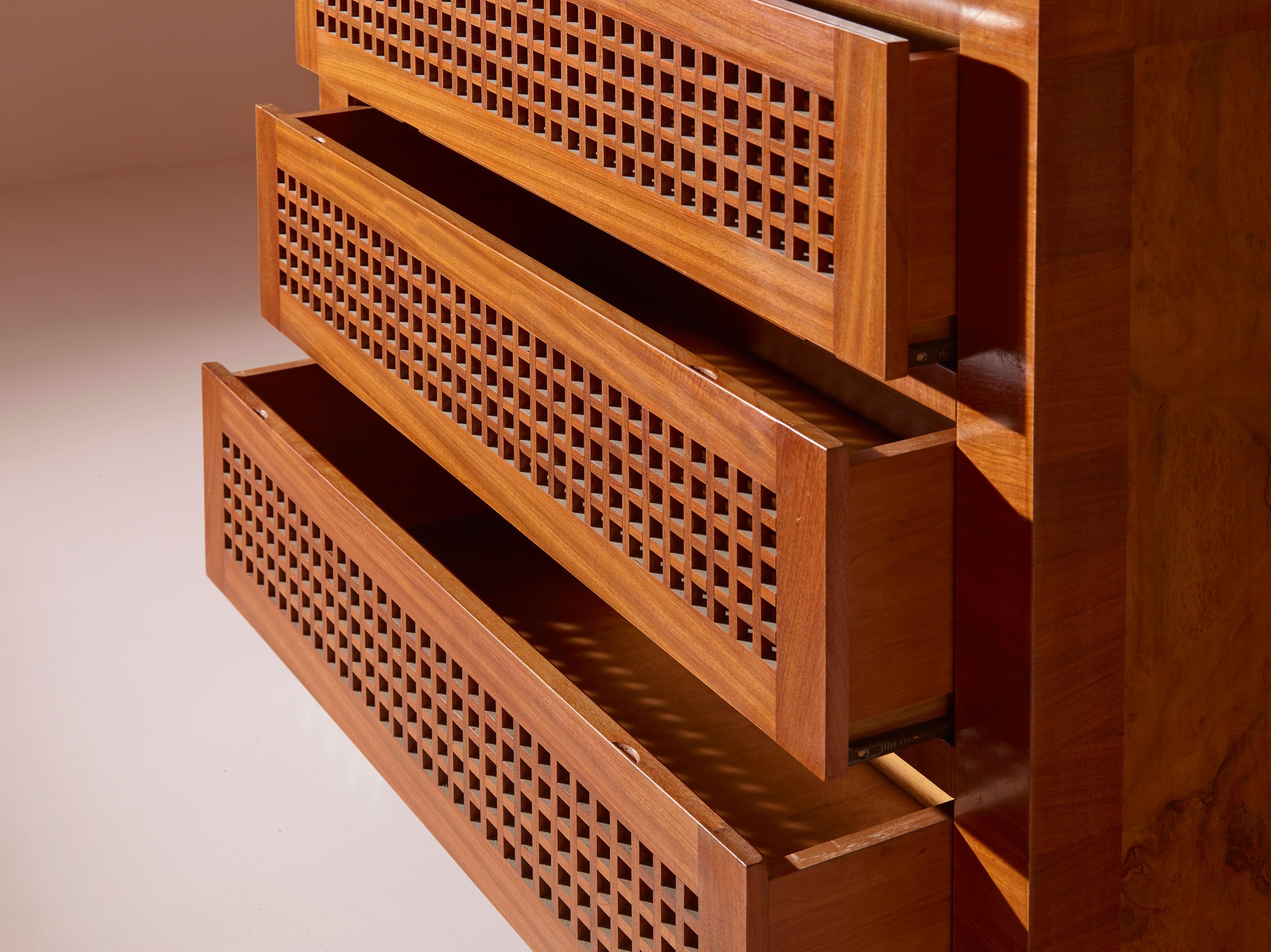 A two-part cabinet in rare exotic woods with solid ebony inlays, Italy, 1990s For Sale 8