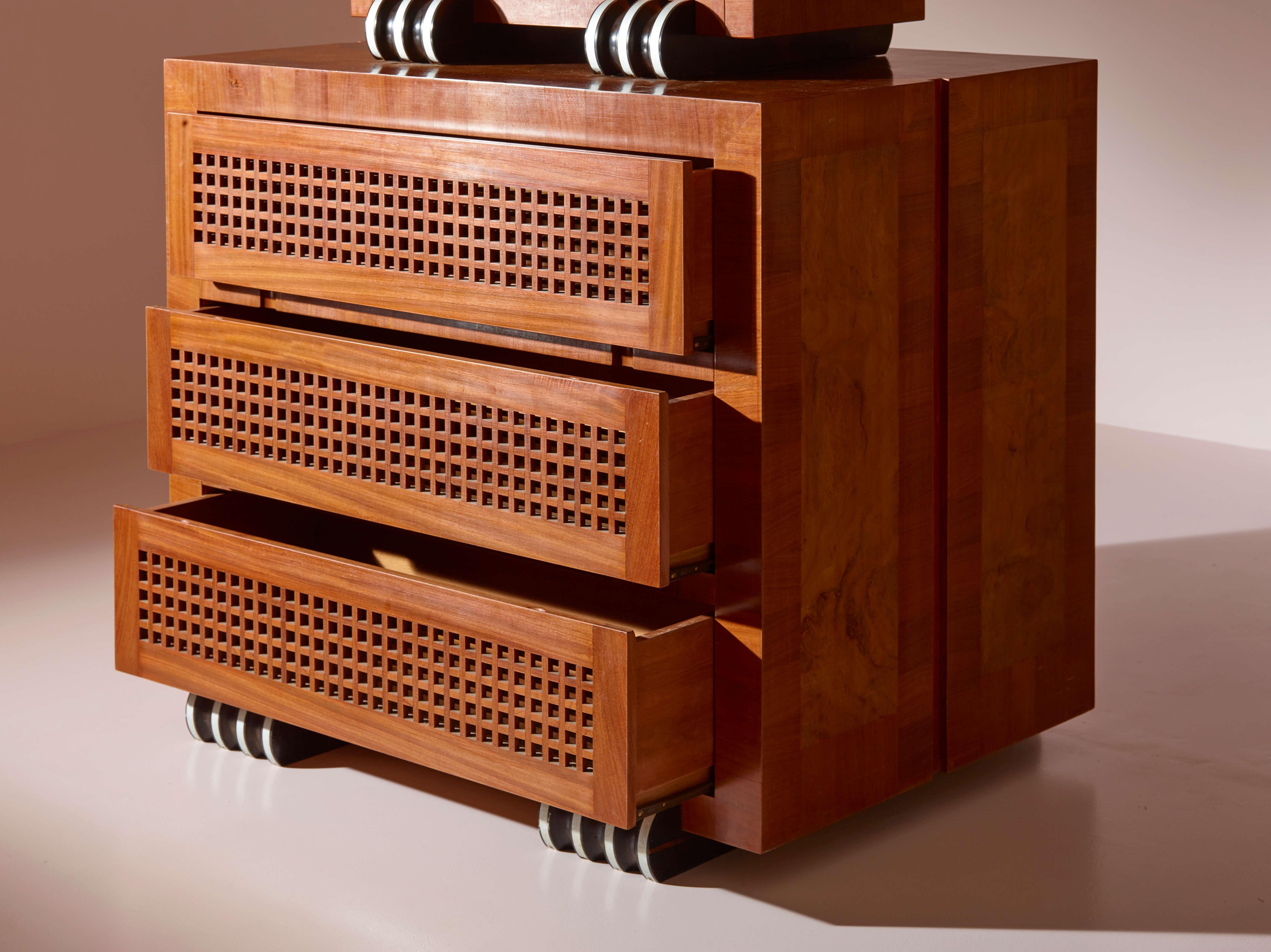 A two-part cabinet in rare exotic woods with solid ebony inlays, Italy, 1990s For Sale 10