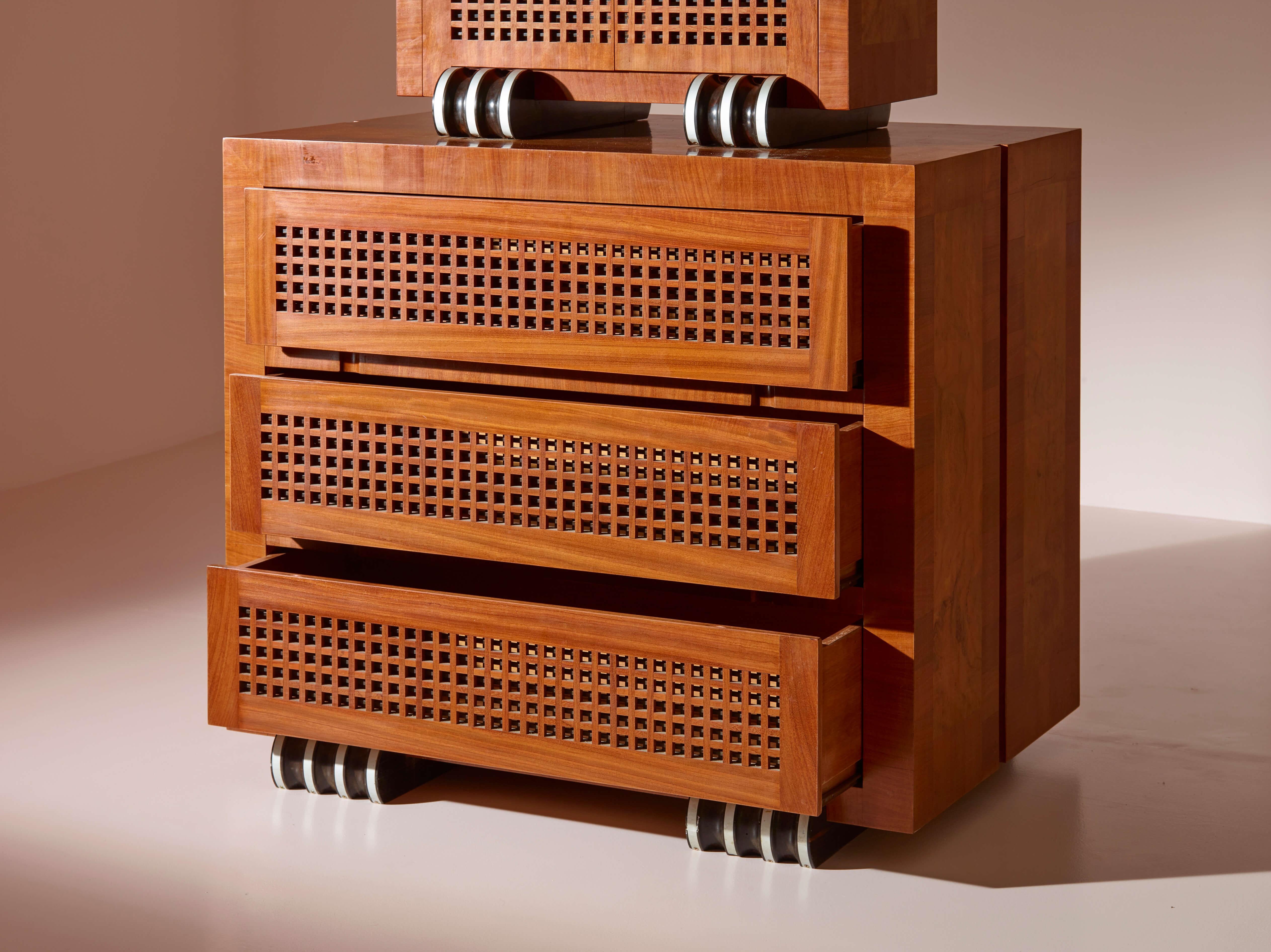 A two-part cabinet in rare exotic woods with solid ebony inlays, Italy, 1990s For Sale 11