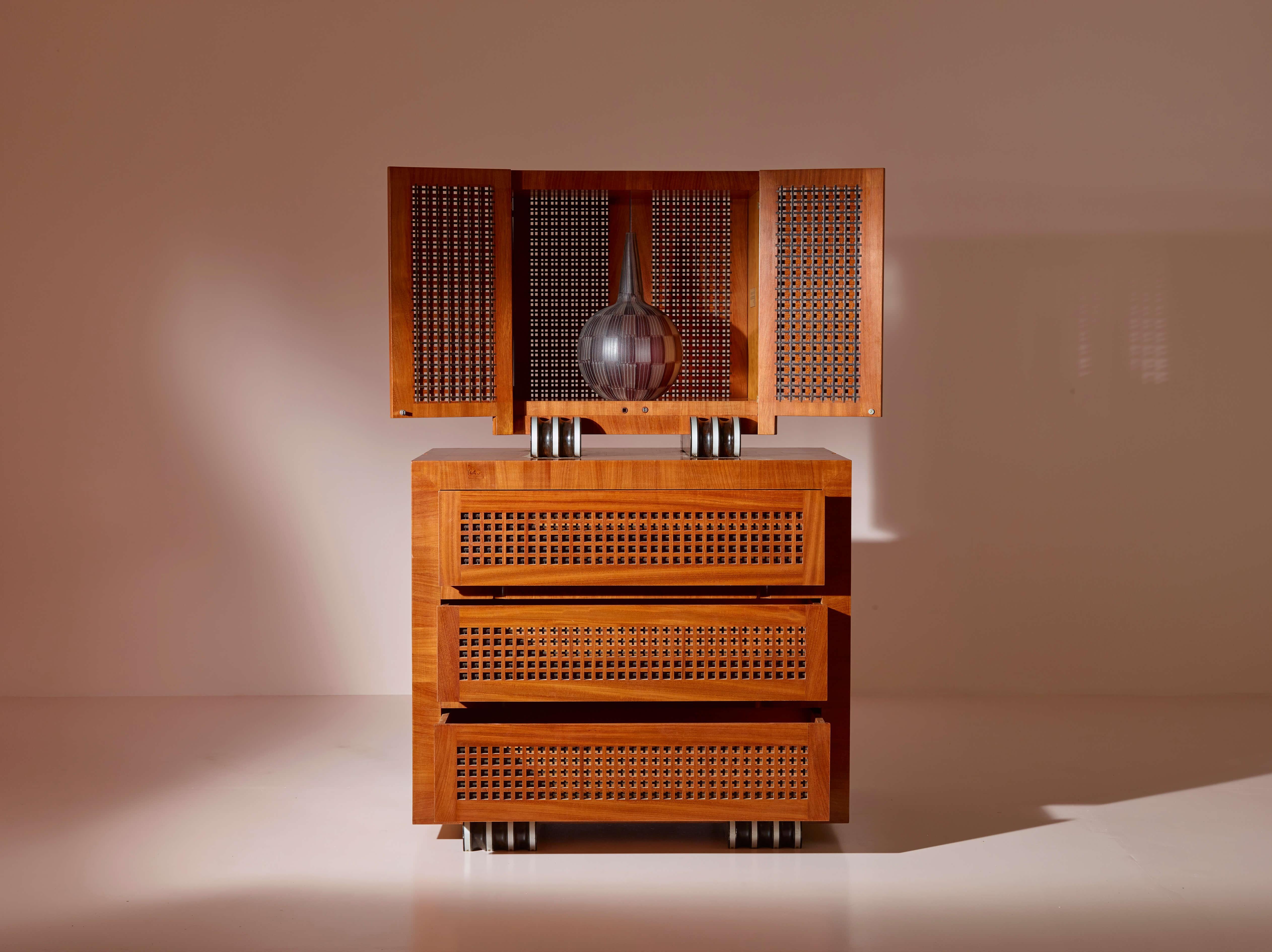 Post-Modern A two-part cabinet in rare exotic woods with solid ebony inlays, Italy, 1990s For Sale