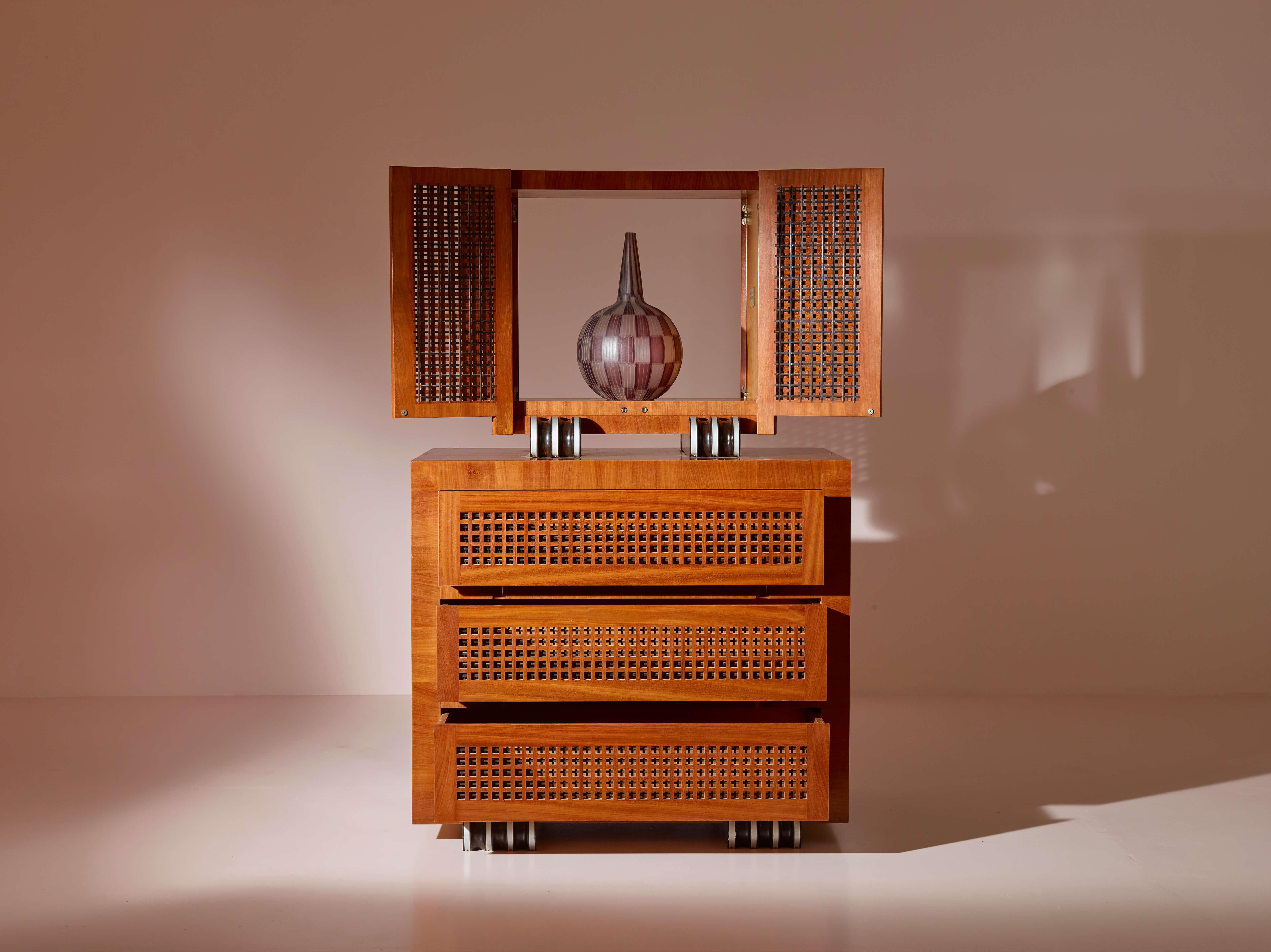Italian A two-part cabinet in rare exotic woods with solid ebony inlays, Italy, 1990s For Sale