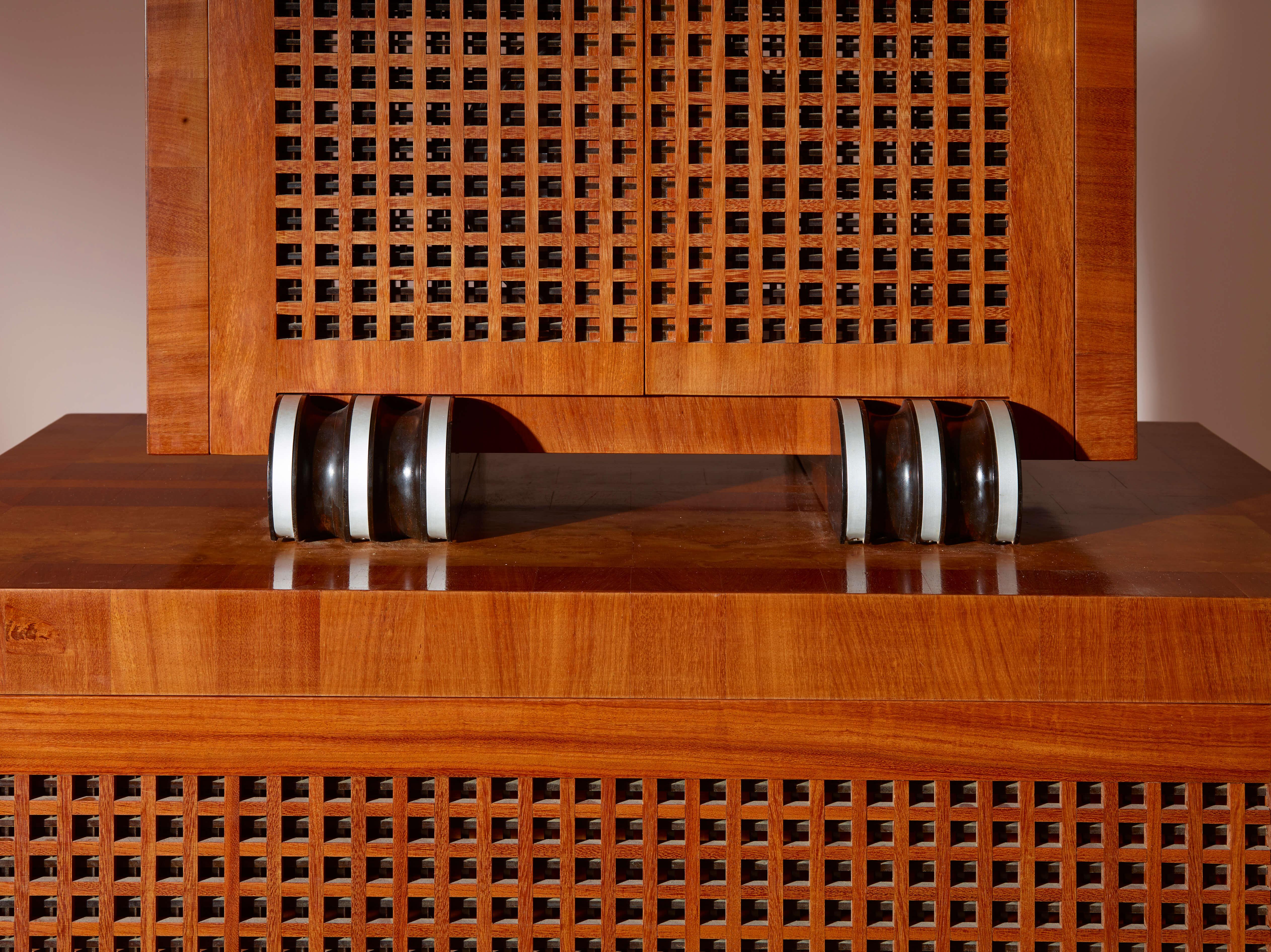 Late 20th Century A two-part cabinet in rare exotic woods with solid ebony inlays, Italy, 1990s For Sale
