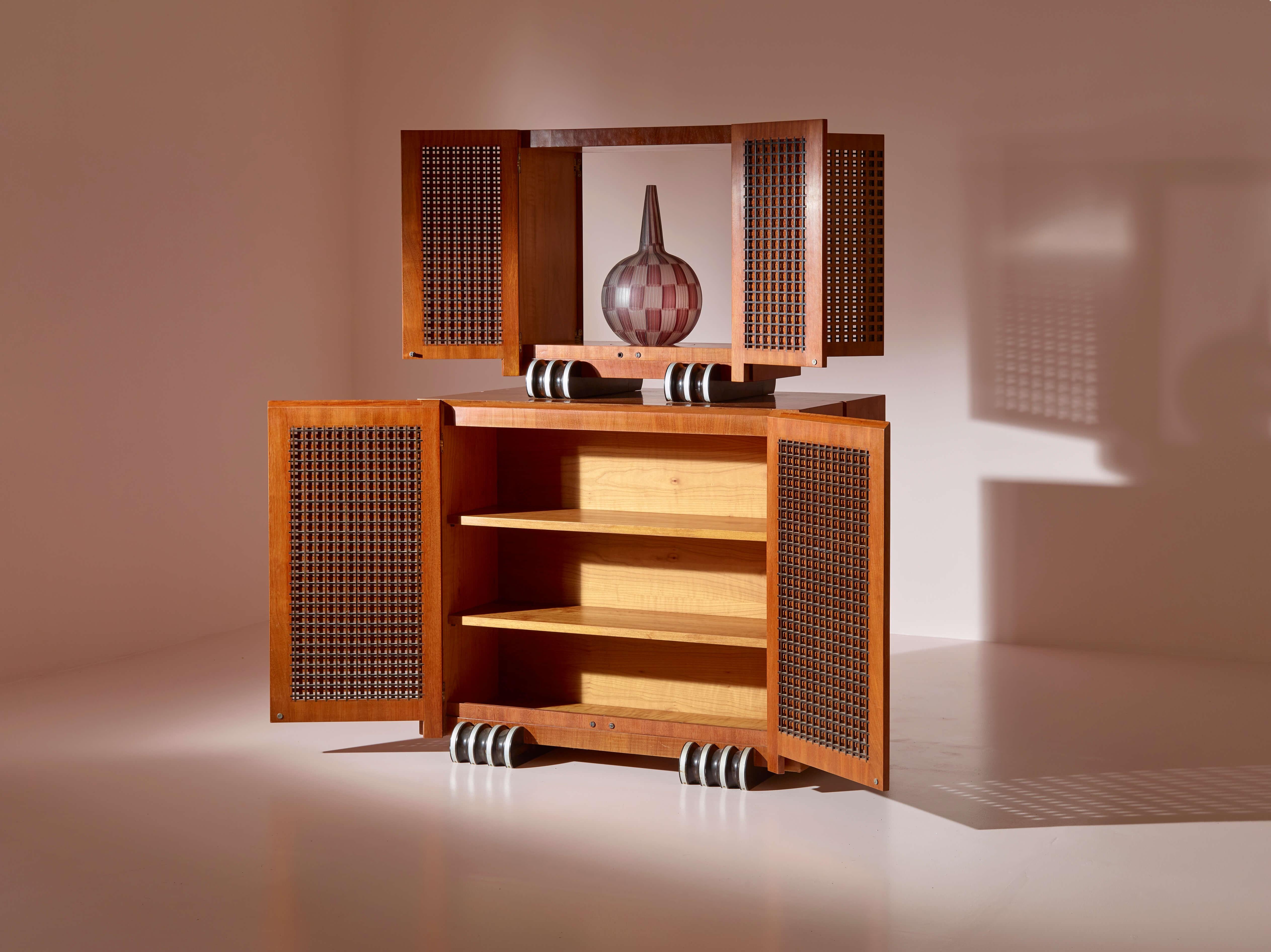 A two-part cabinet in rare exotic woods with solid ebony inlays, Italy, 1990s For Sale 1