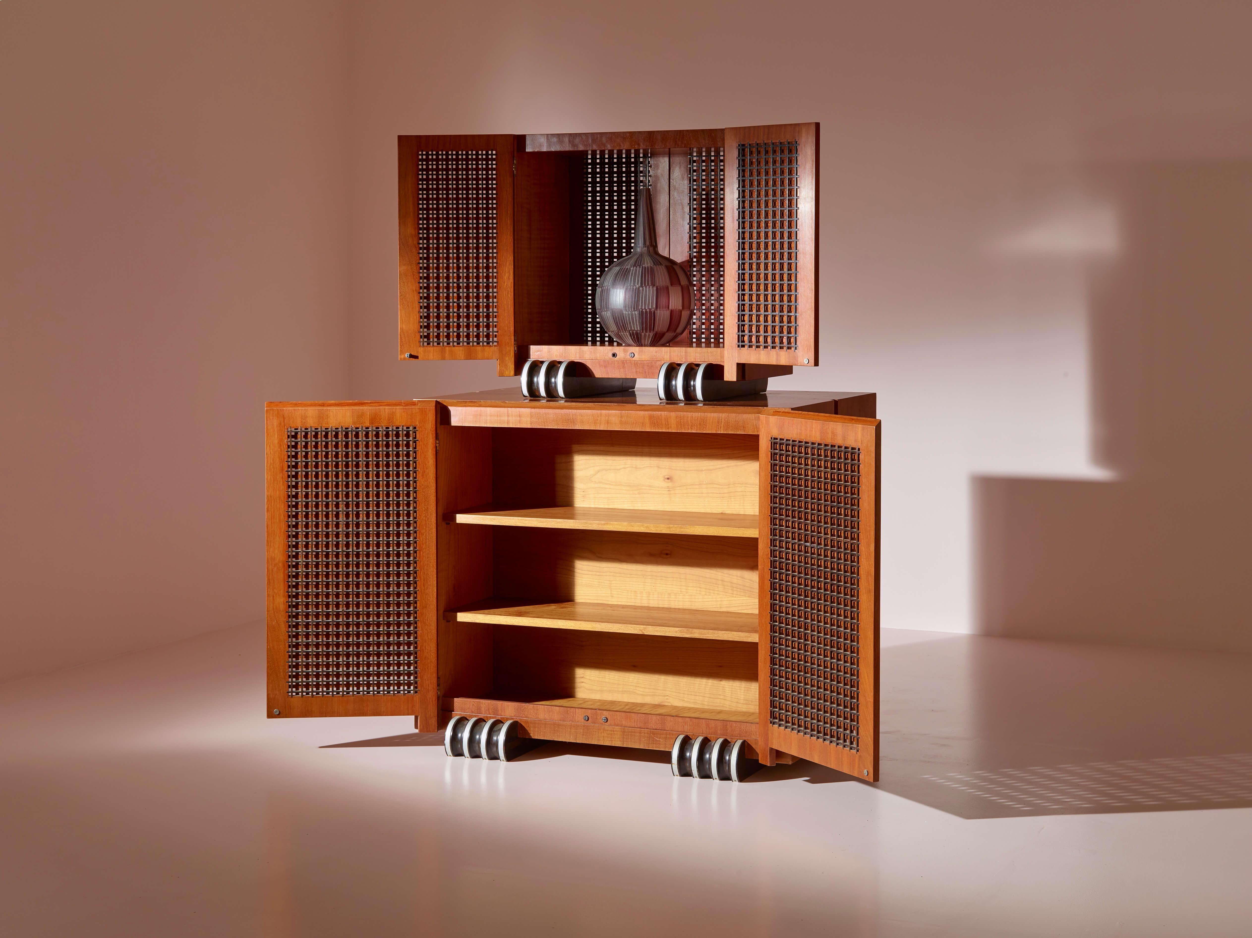 A two-part cabinet in rare exotic woods with solid ebony inlays, Italy, 1990s For Sale 2