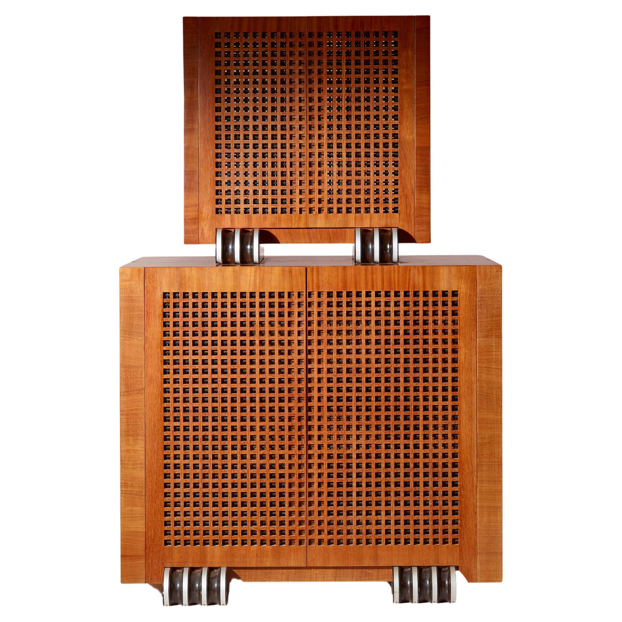 A two-part cabinet in rare exotic woods with solid ebony inlays, Italy, 1990s For Sale