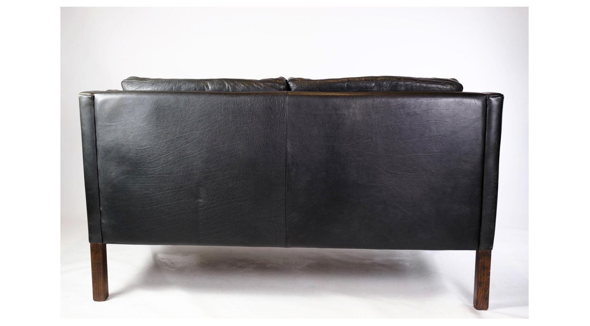 Two-Seater Sofa Upholstered in Black Leather Made by Stouby Møbelfabrik In Good Condition In Lejre, DK