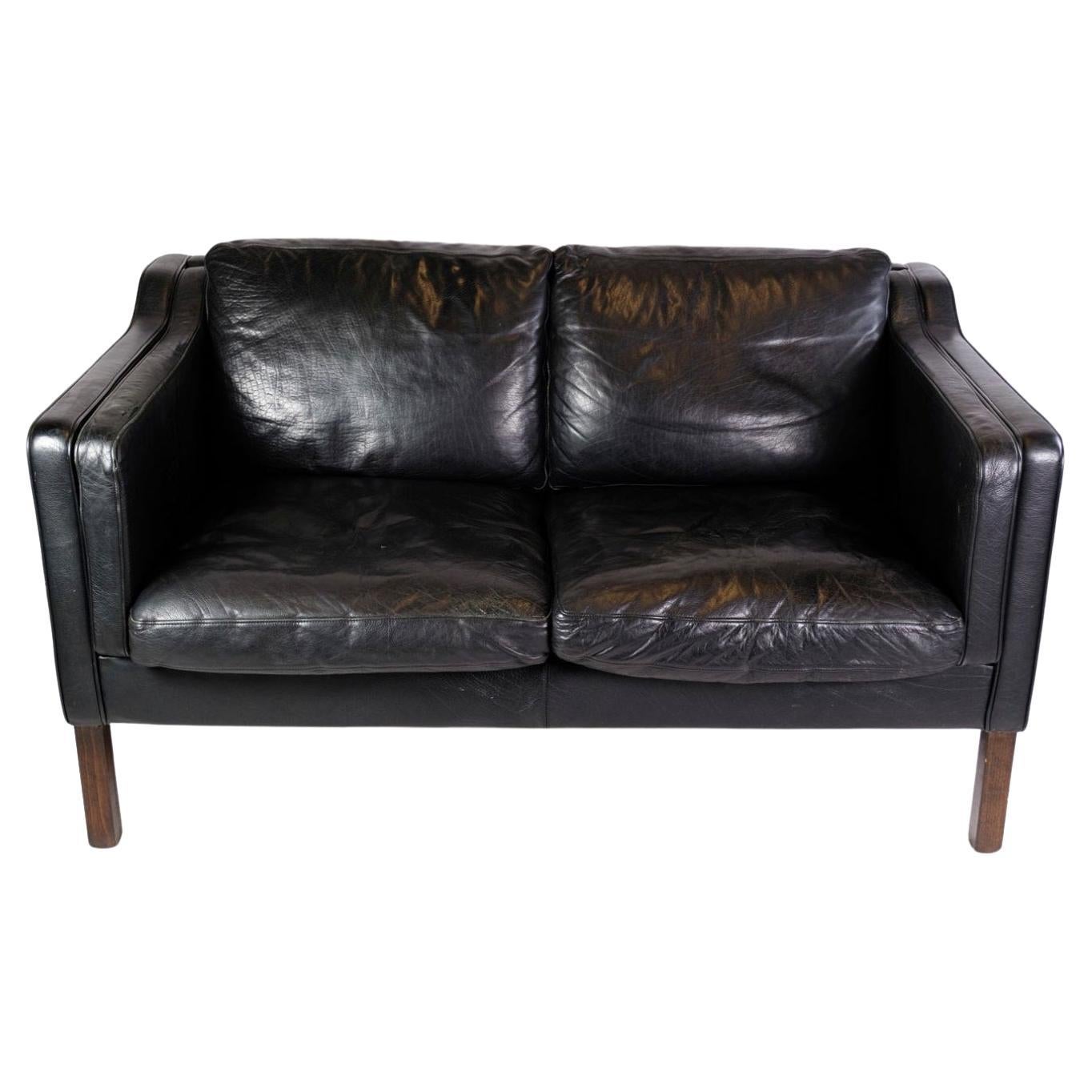 Two-Seater Sofa Upholstered in Black Leather Made by Stouby Møbelfabrik