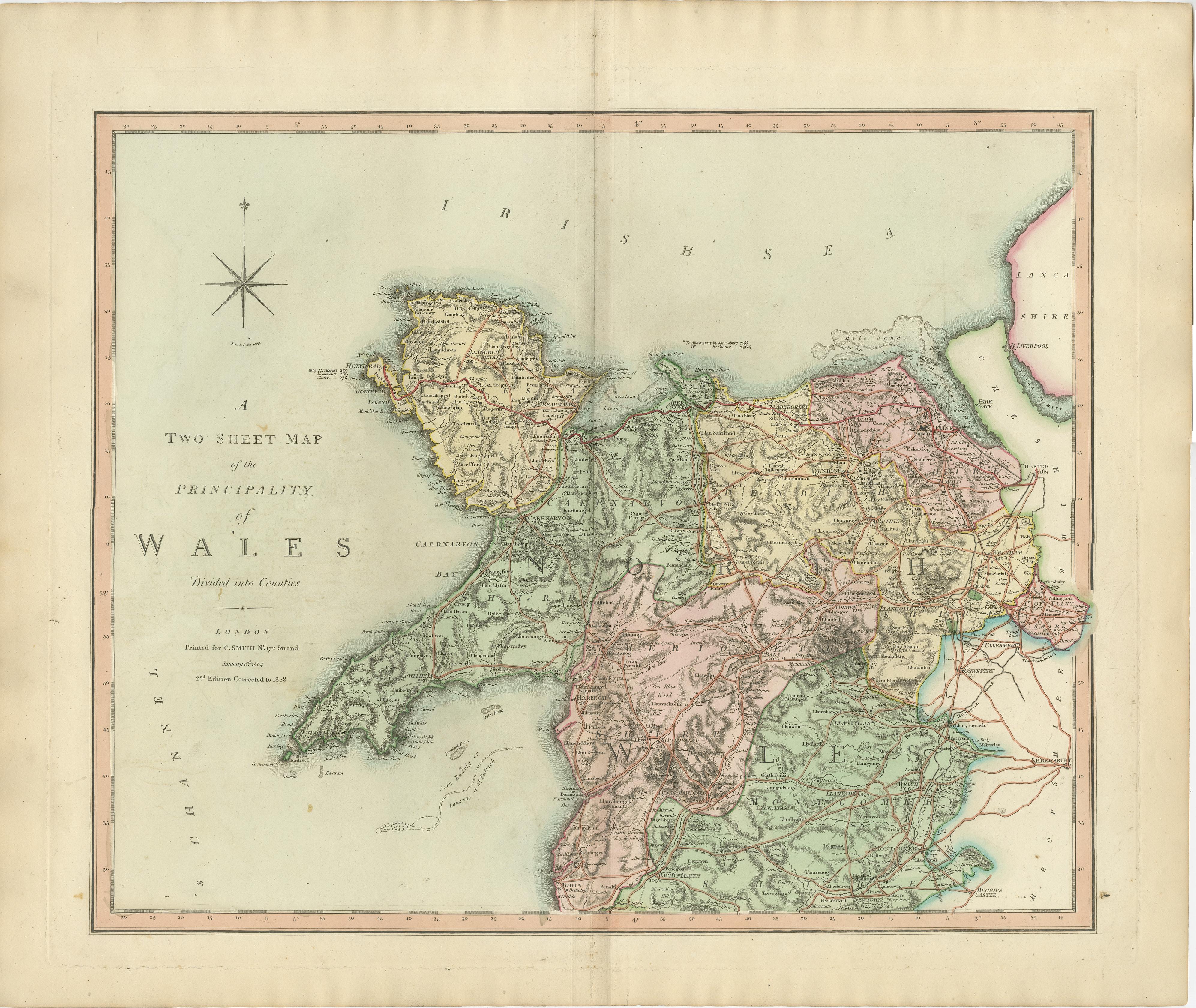A well engraved and detailed large-scale map of Wales, printed on two sheets .

The map is thoroughly detailed and includes good information regarding the turnpike and mail roads as well as distances between market towns and also the canal