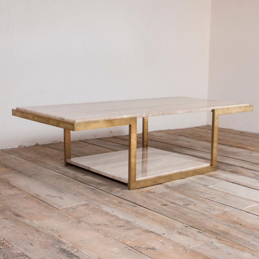 Two-Tier Brass and Travertine Table 2